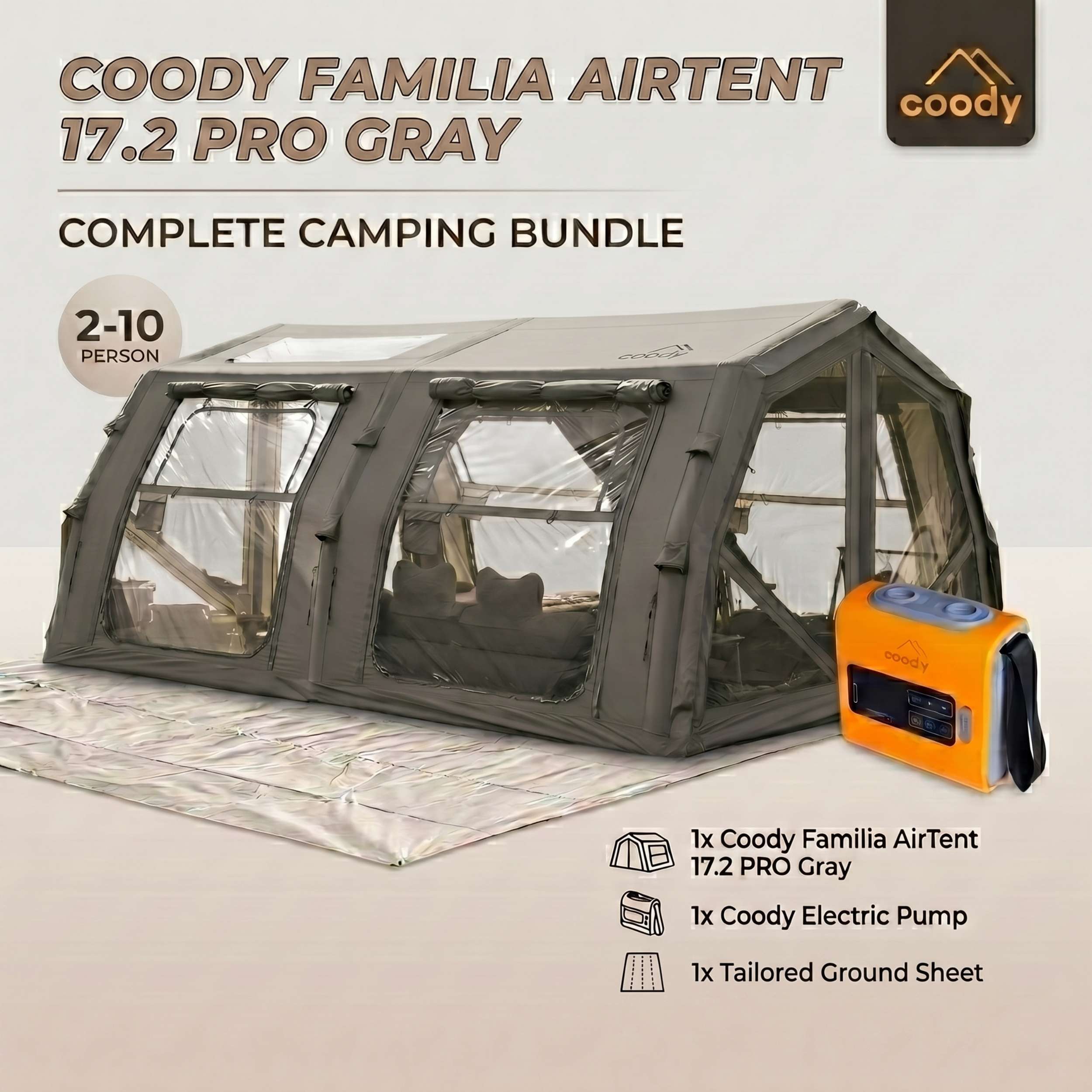 Coody Familia AirTent 17.2 PRO Gray (2-10 Person)+Electric Pump+Ground Sheet