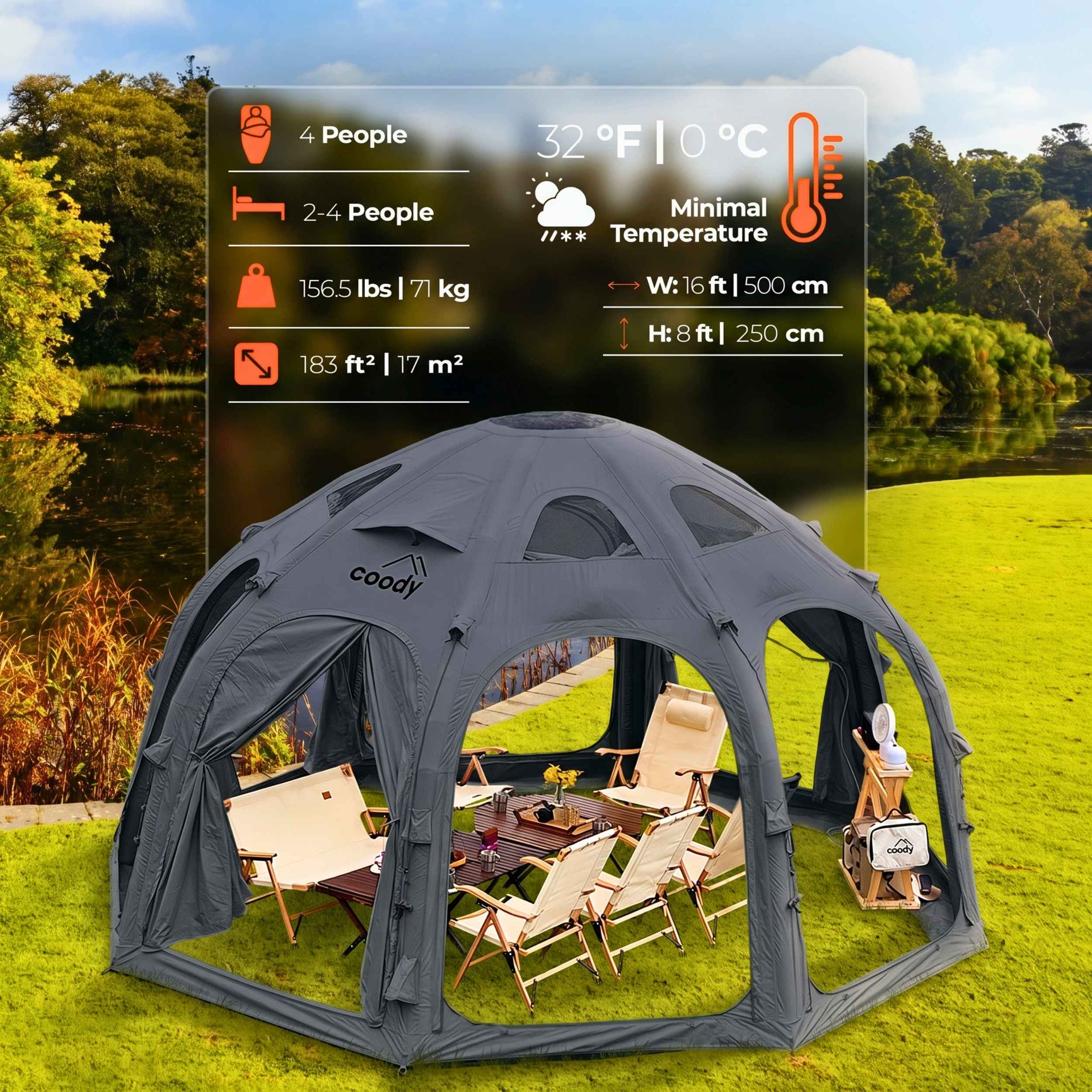 Refugio inflable Coody Aurora Dome negro para exteriores (2-4 personas)