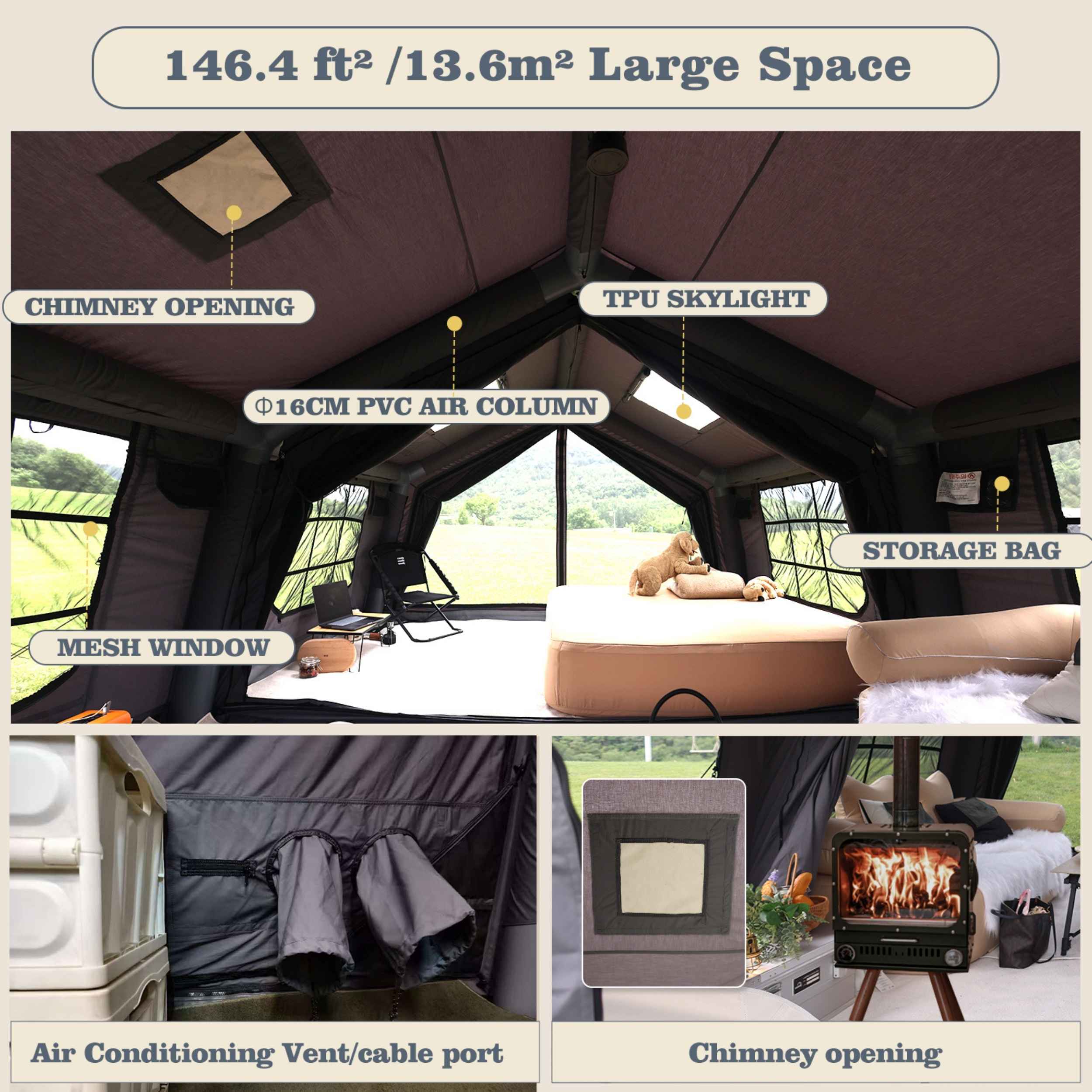 Tente gonflable Coody Familia AirTent 13.6 noire pour camping (2 à 8 personnes)