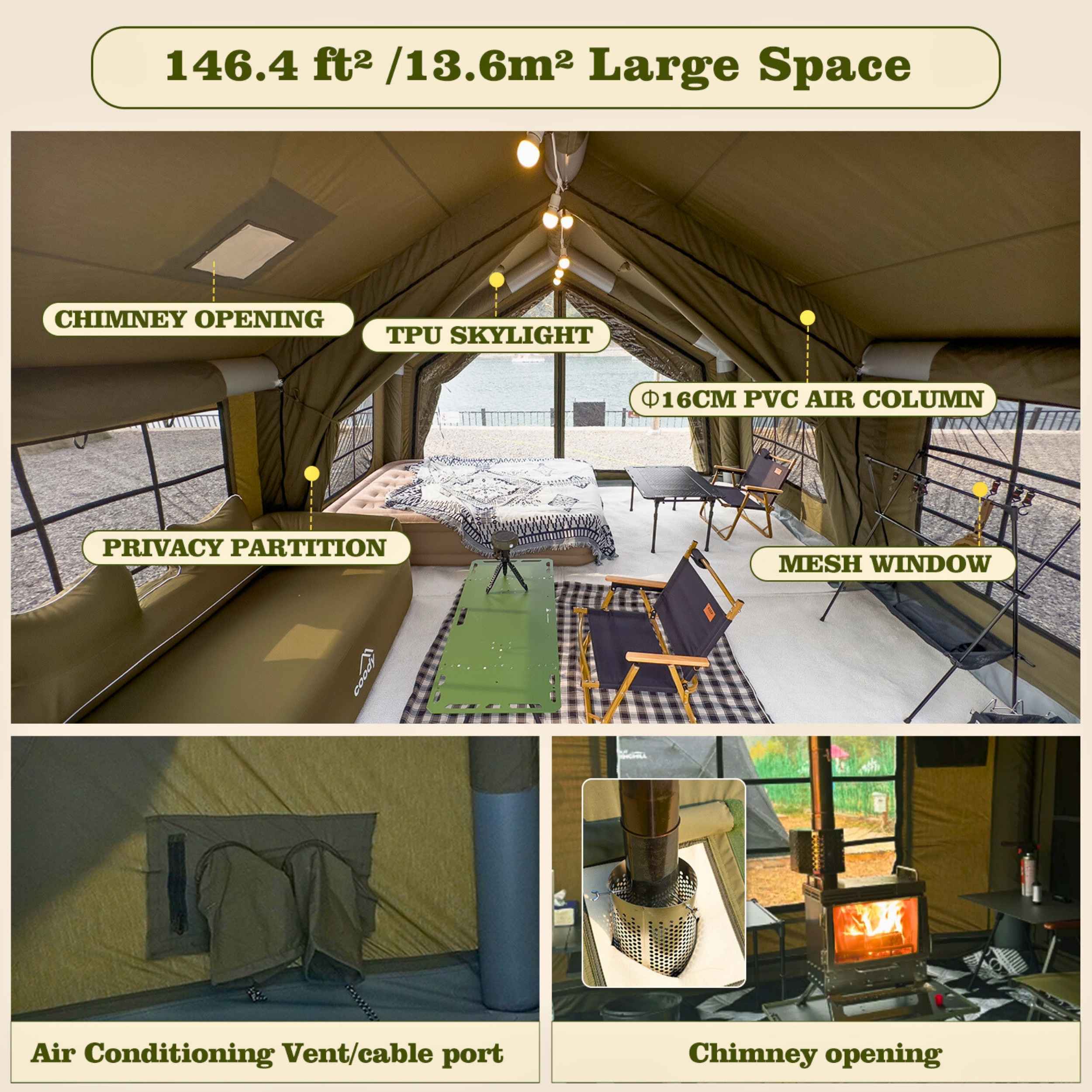 Coody Familia AirTent 13.6 Forest Green (2-10 Person) + RBM Wood Stove Caminus M