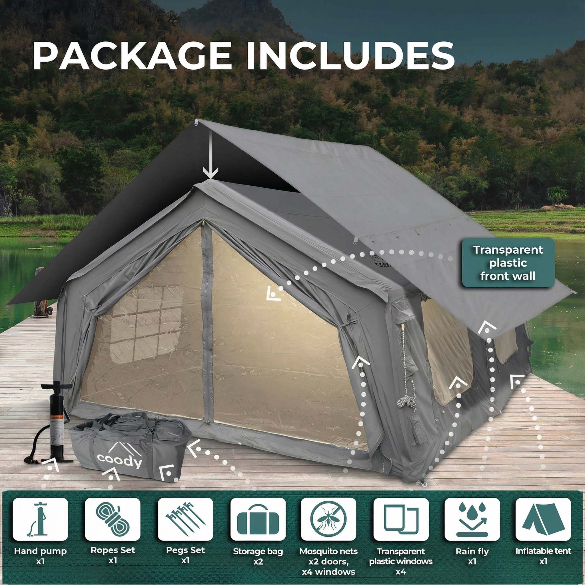 Tente gonflable Coody Familia AirTent 17.2 noire pour camping (2 à 10 personnes)