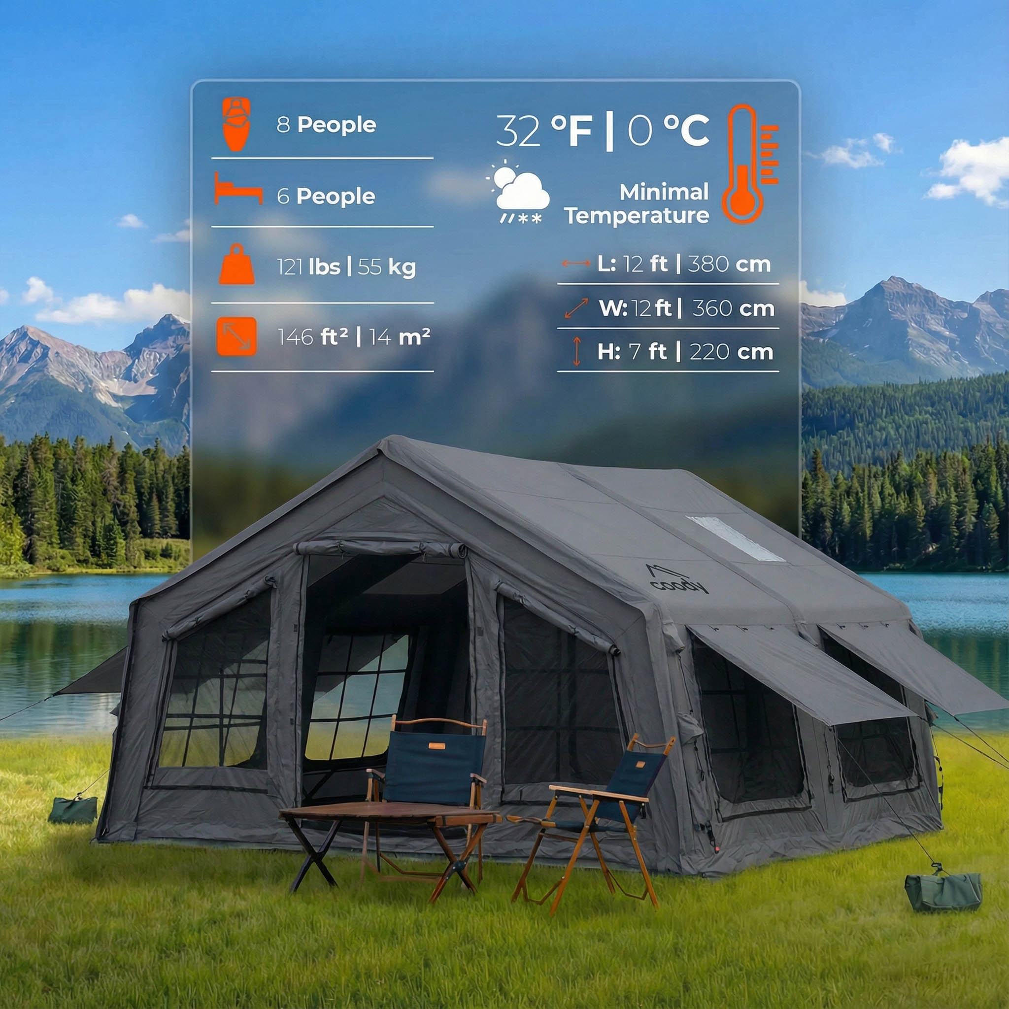 Tente gonflable Coody Familia AirTent 13.6 noire pour camping (2 à 8 personnes)