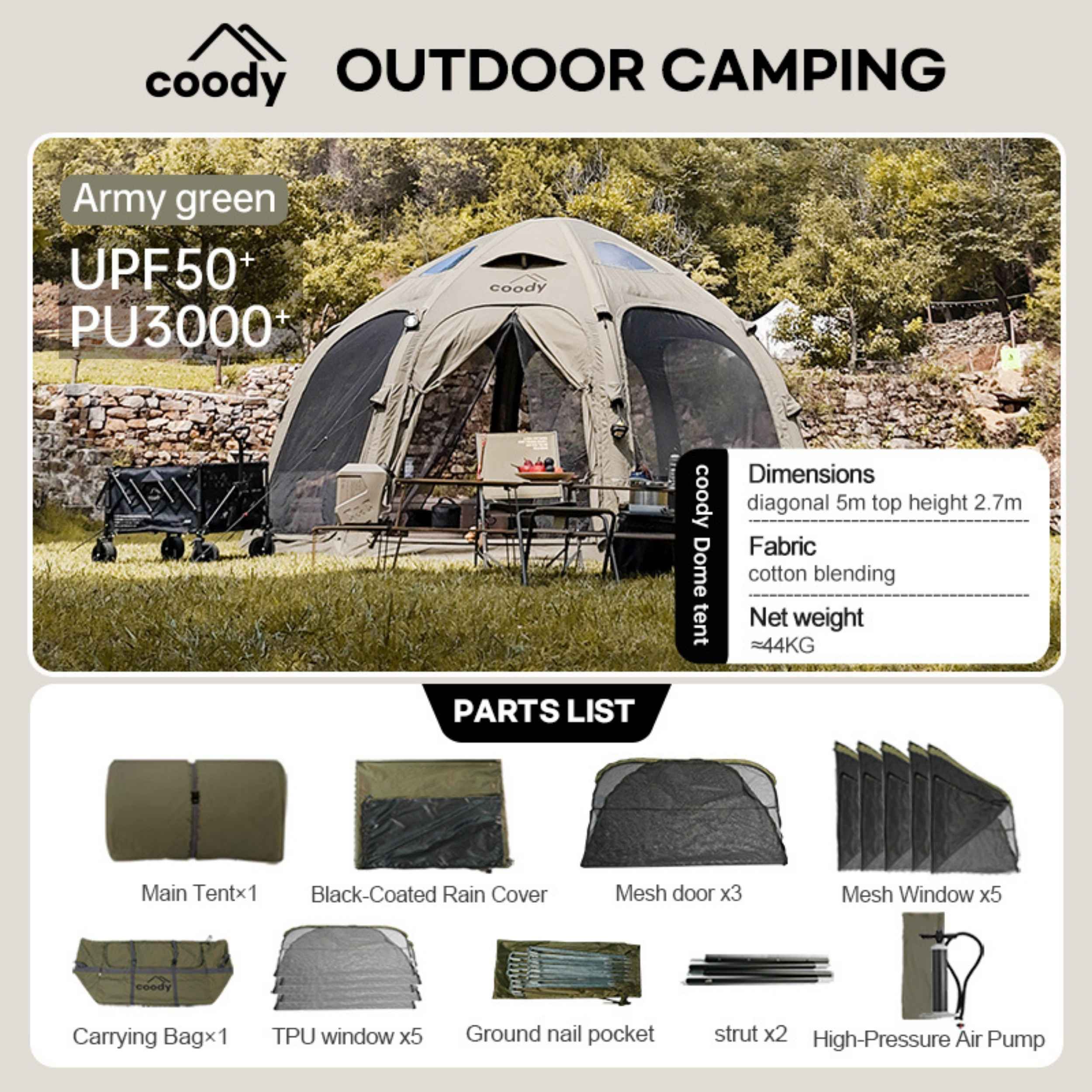Coody Aurora Dome Vert forêt, abri gonflable pour l’extérieur (2-4 personnes)