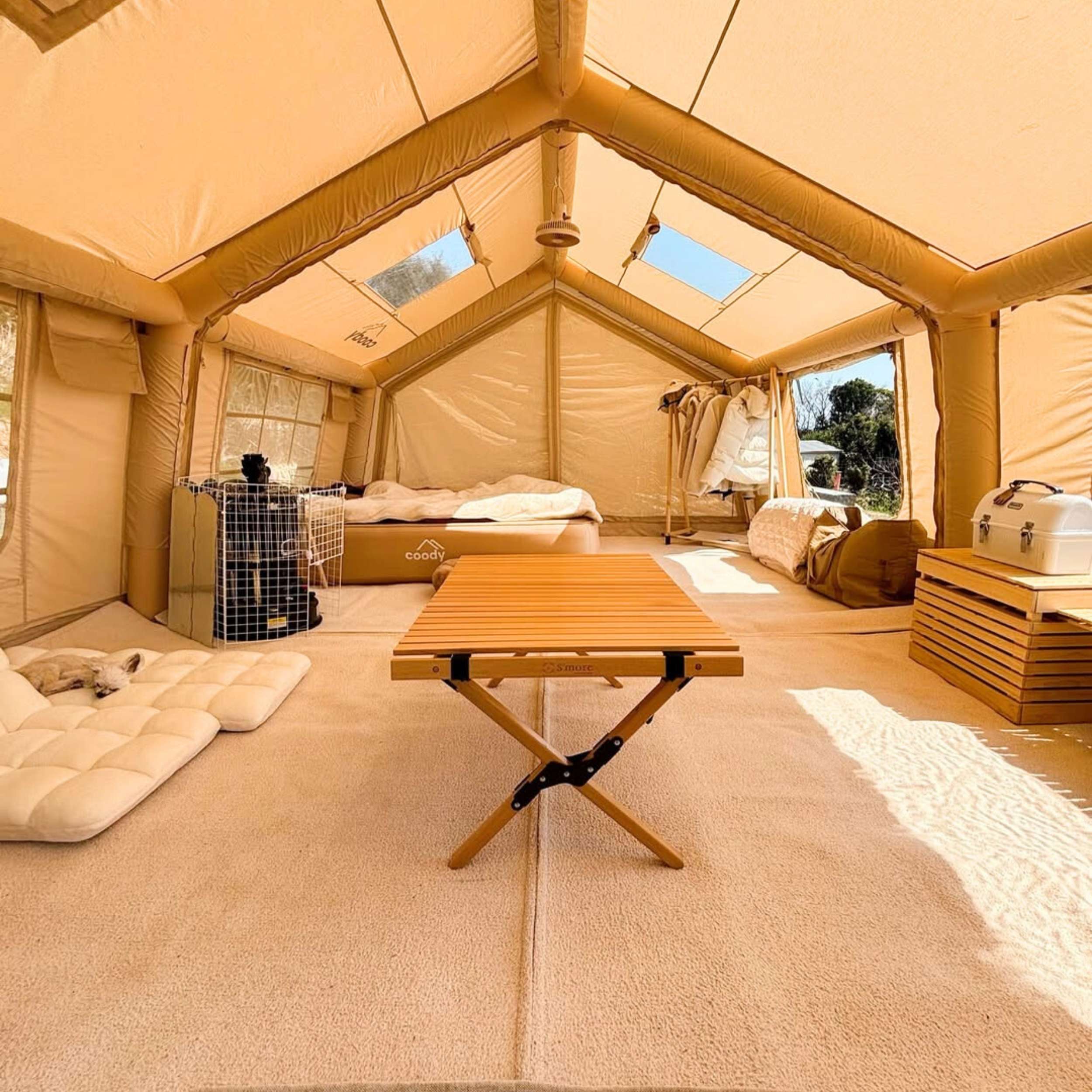 Coody 17.2 Beige + Stove Caminus M - Inflatable Tents for Camping with Wood Stove