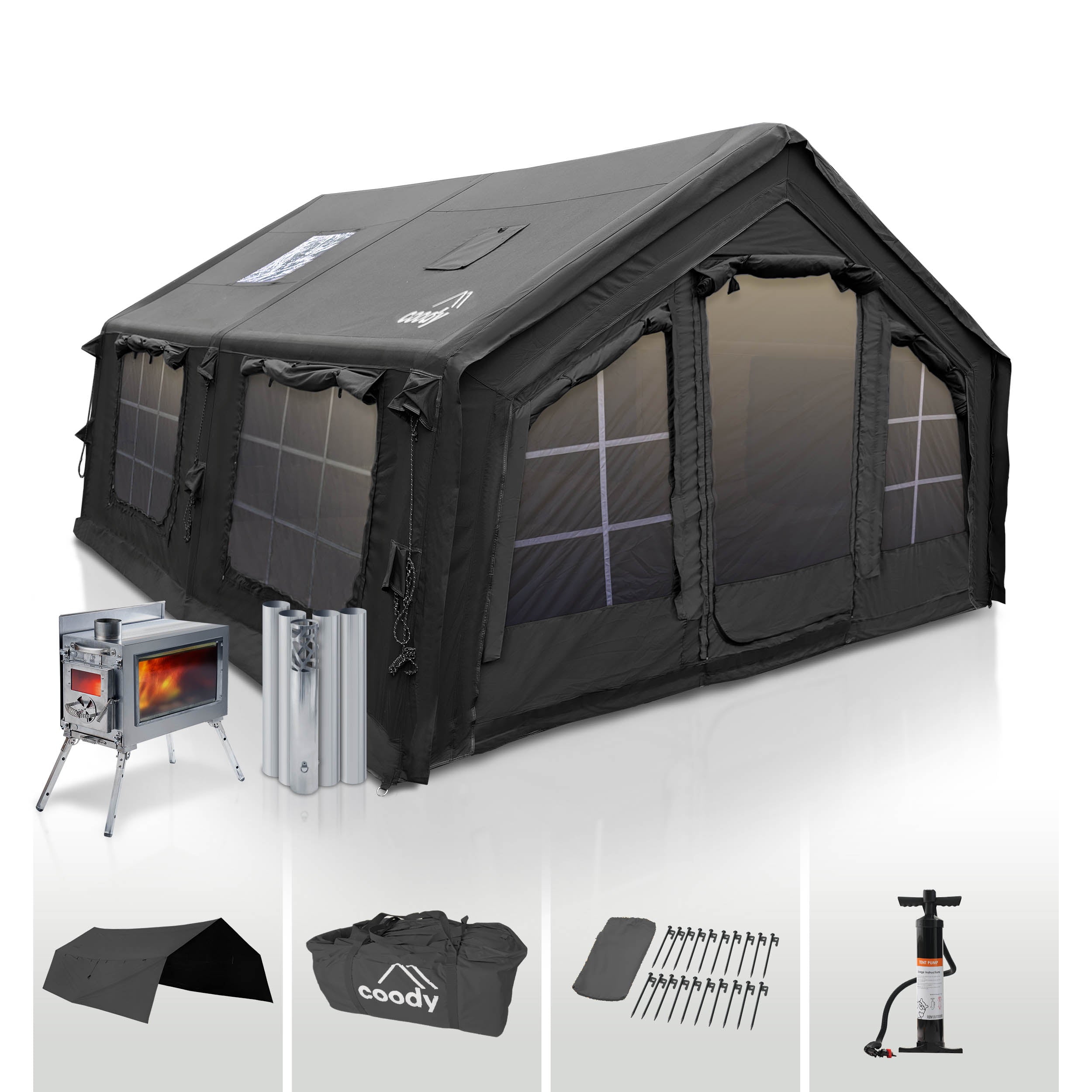 Coody 13.6 Black - Inflatable Camping Tent for 2-8 Person + Stove