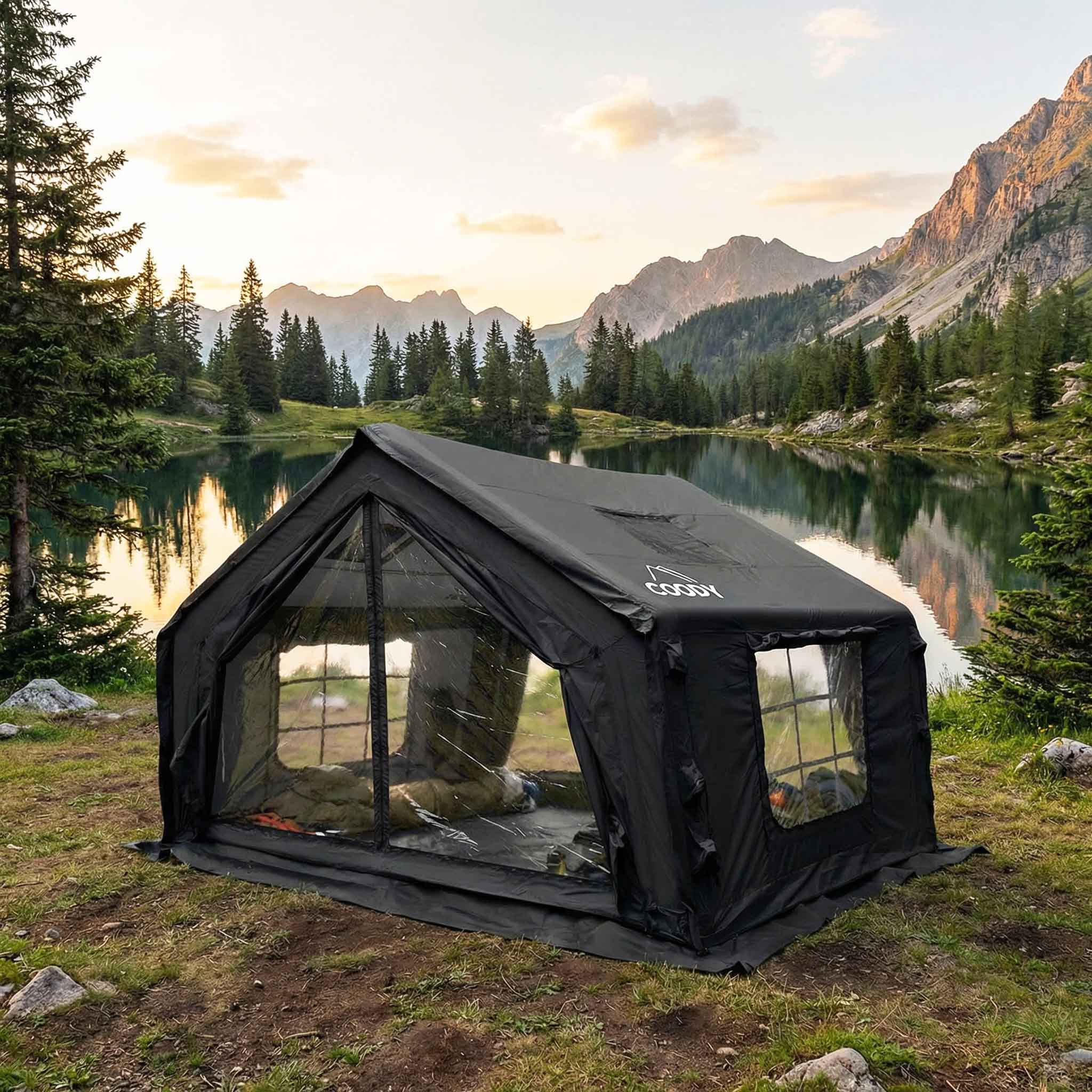 Tienda de campaña inflable Coody 10 negra para acampar (2-4 personas)
