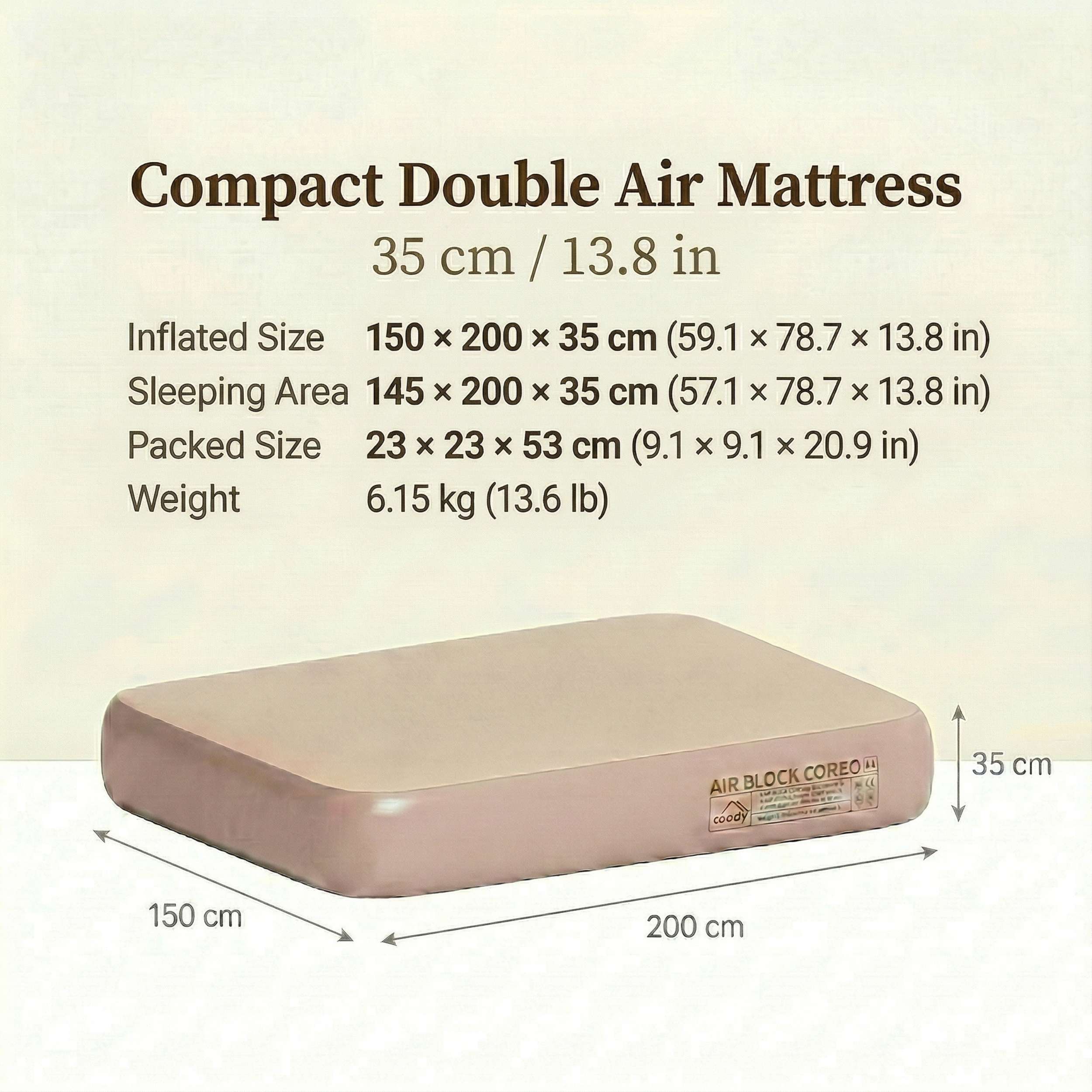 Coody Coreo Air Mattress Queen (150 × 200 × 35 cm) – Structured Air Block Inflatable Bed, Compact Pack Design