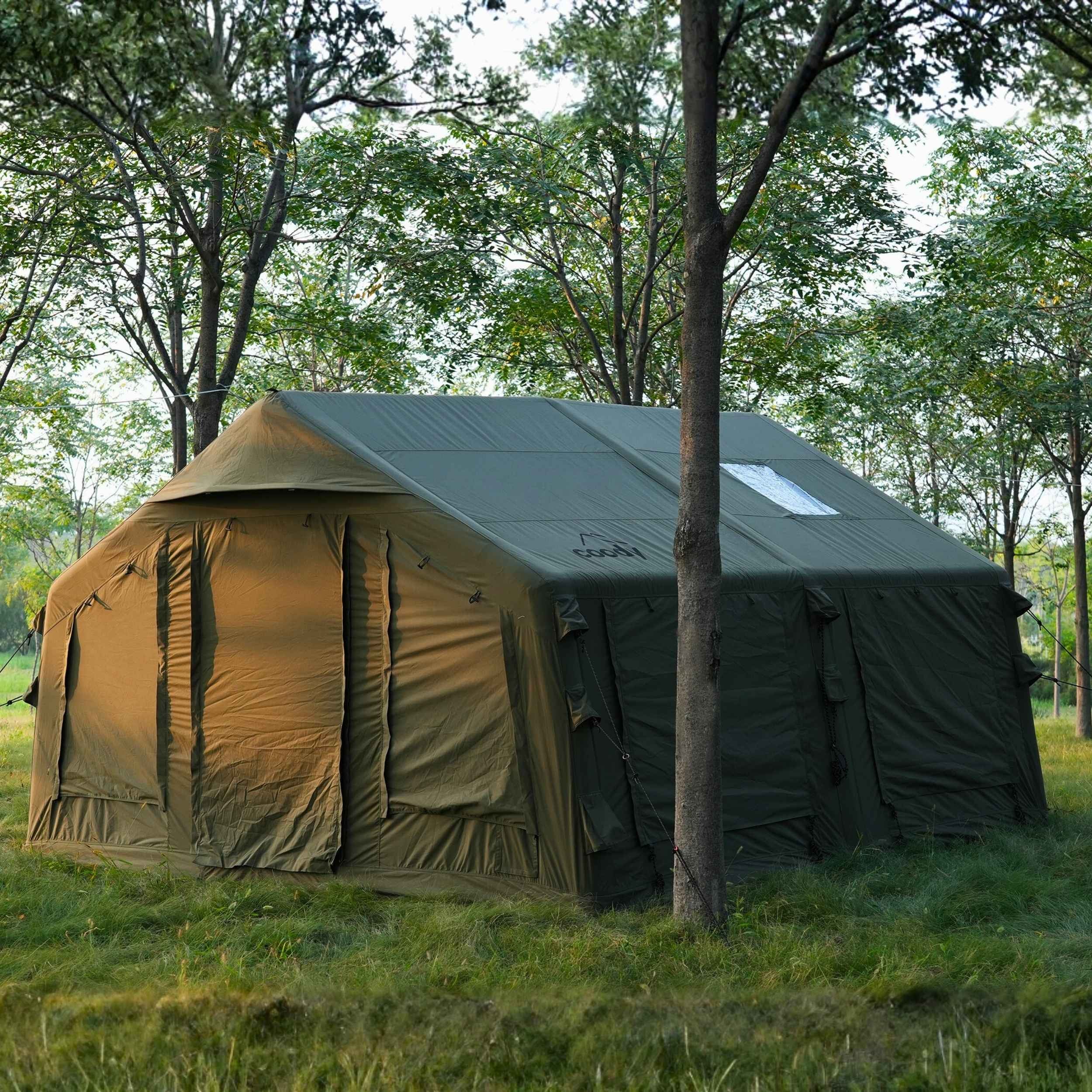 Coody Familia AirTent 13.6 Forest Green (2-10 Person) + RBM Wood Stove Caminus M