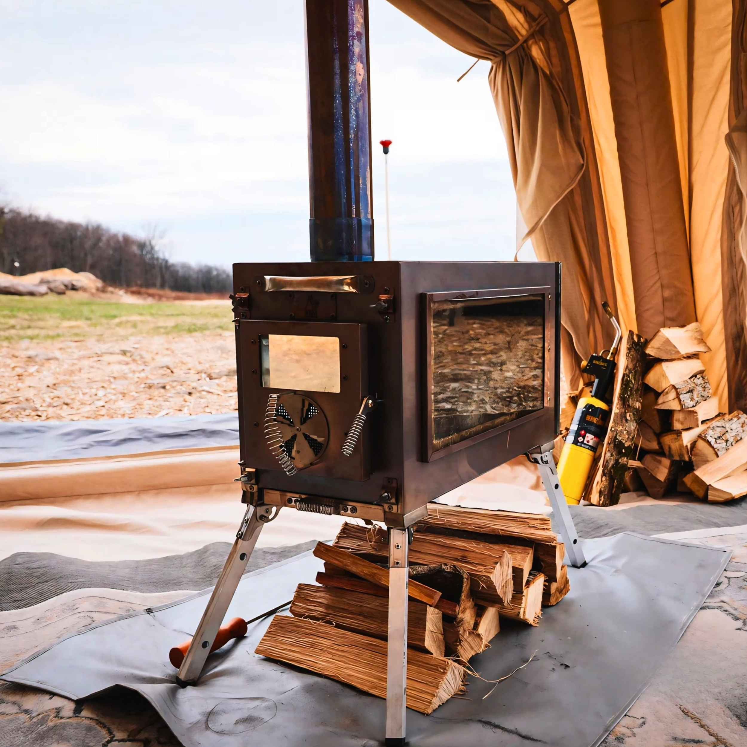 Coody Familia AirTent 17.2 Beige (2-10 Person)+ RBM Wood Stove Caminus M