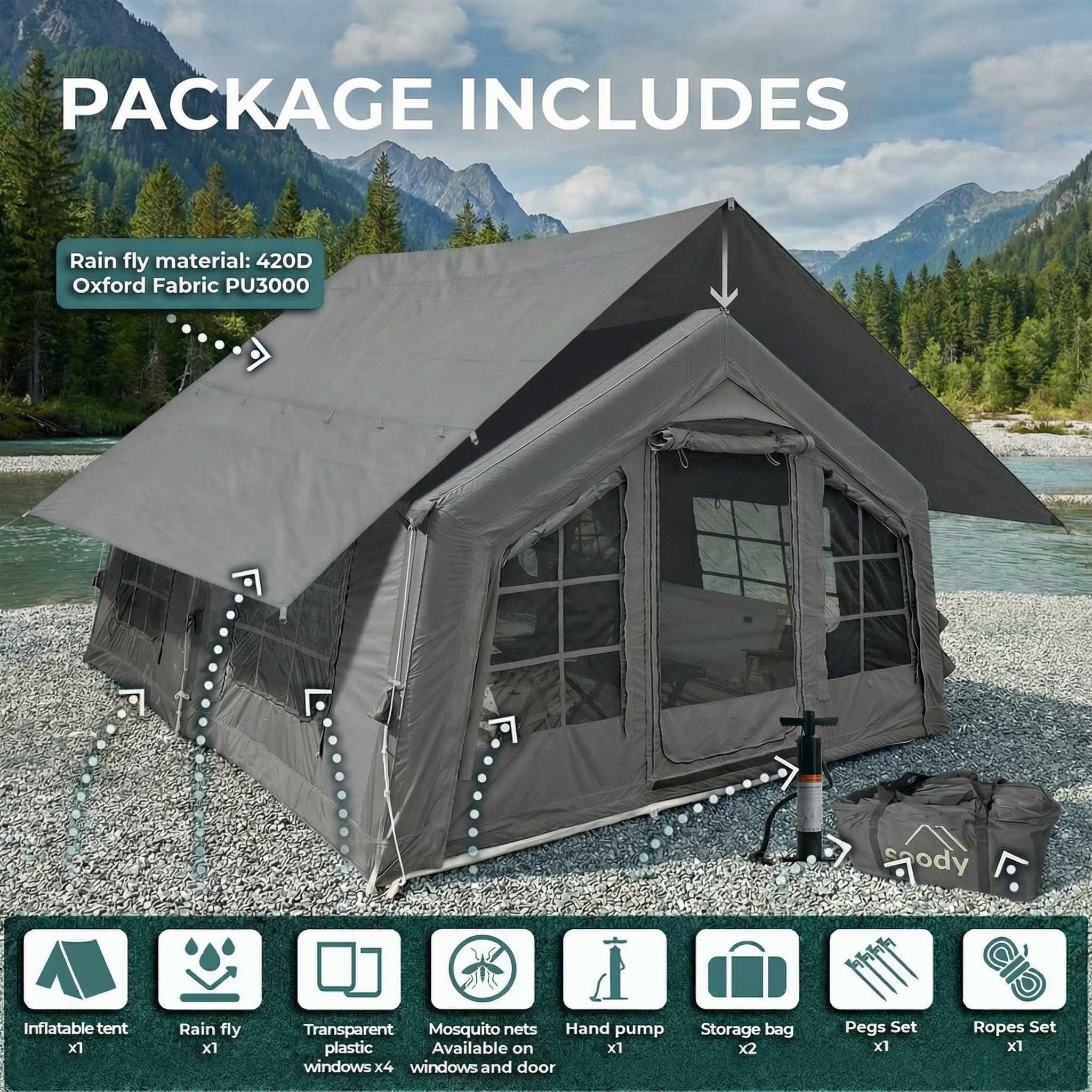 Tente gonflable Coody Familia AirTent 13.6 noire pour camping (2 à 8 personnes)