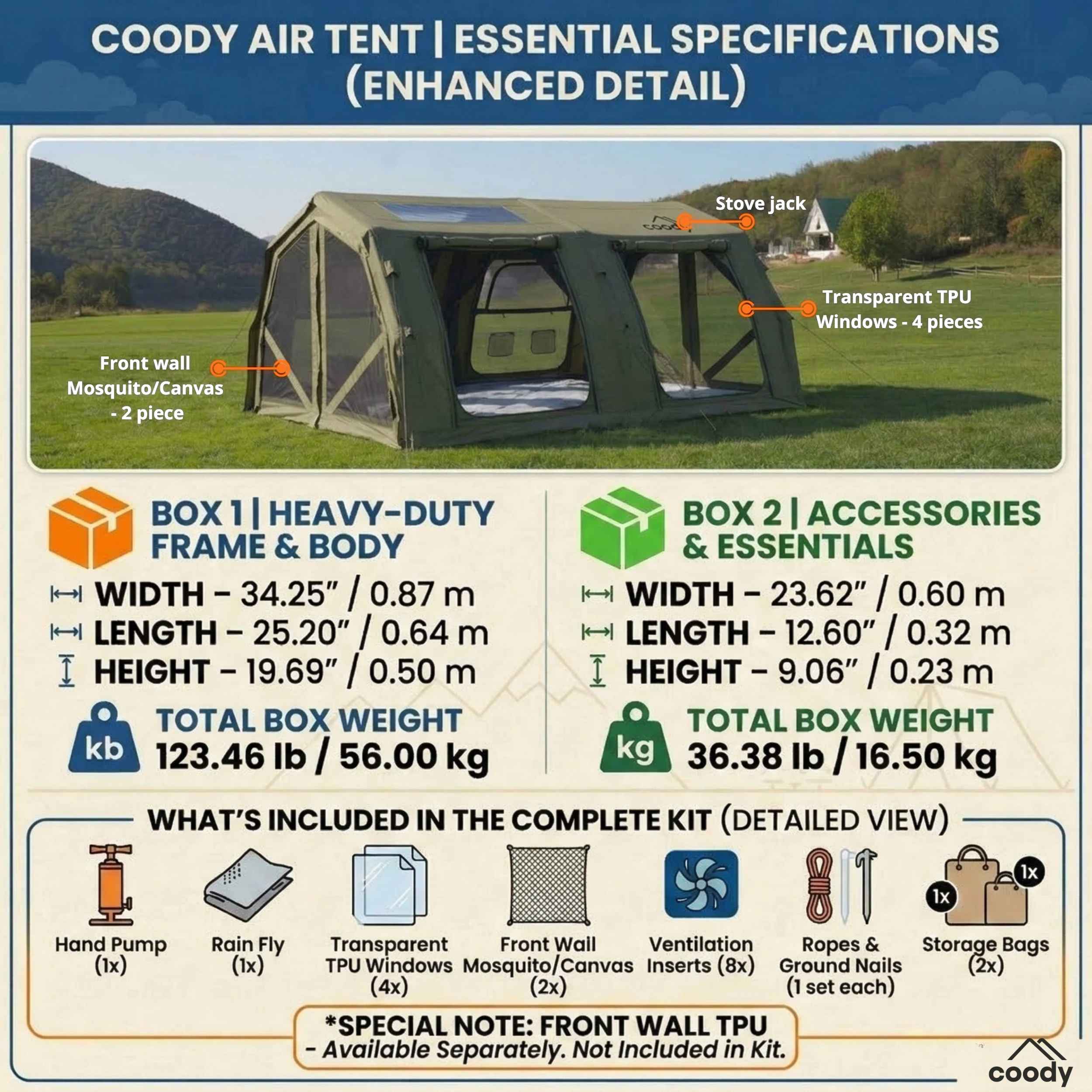 Tienda de campaña inflable Coody Familia AirTent 17.2 beige para acampar (2-10 personas)
