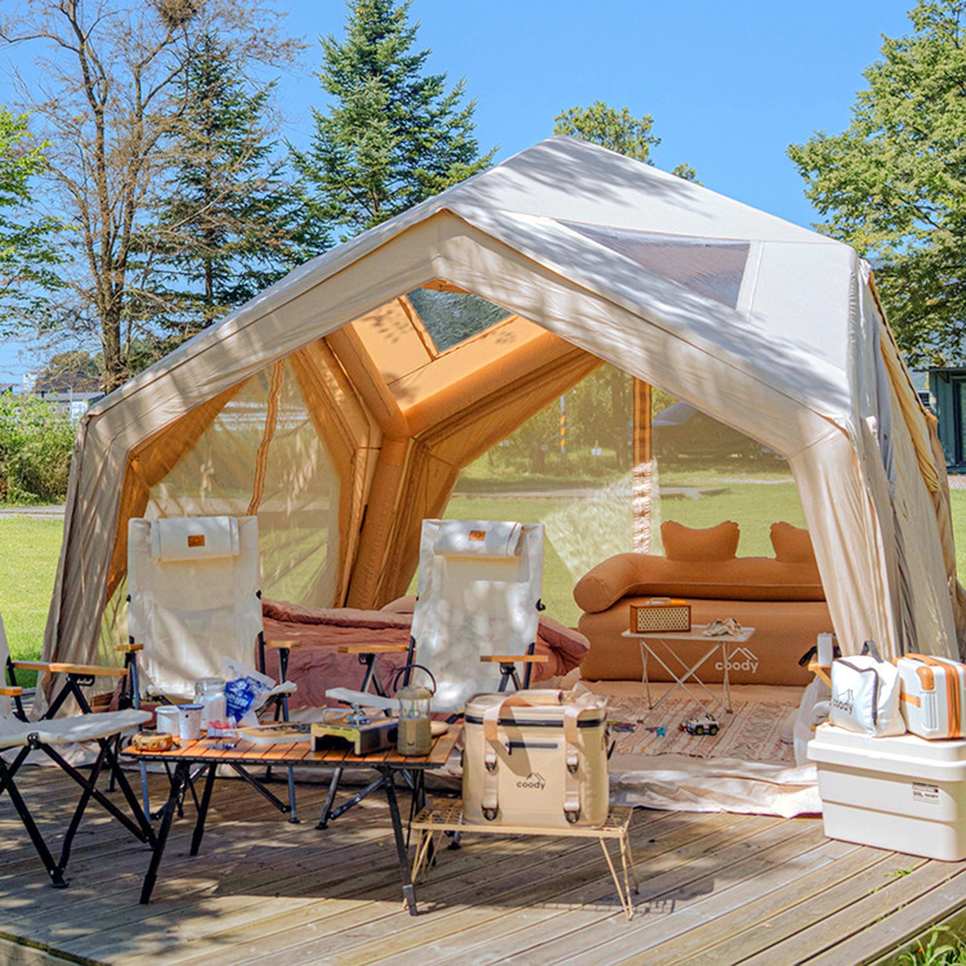 Coody AirTent Hub Beige (2-6 Person) + Carpet for Hub + Electric Pump + Air Sofa