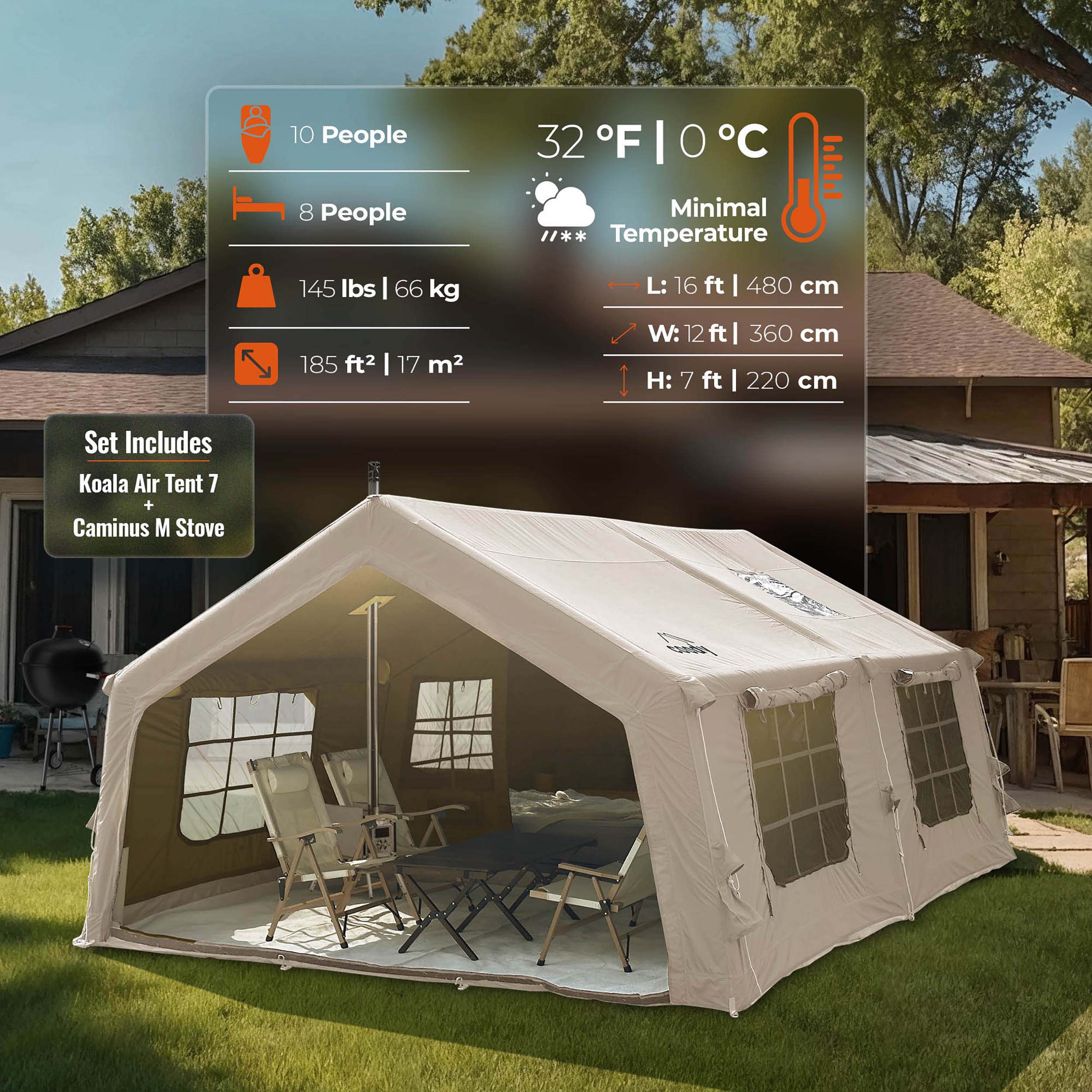 Coody 17.2 Beige + Stove Caminus M - Inflatable Tents for Camping with Wood Stove