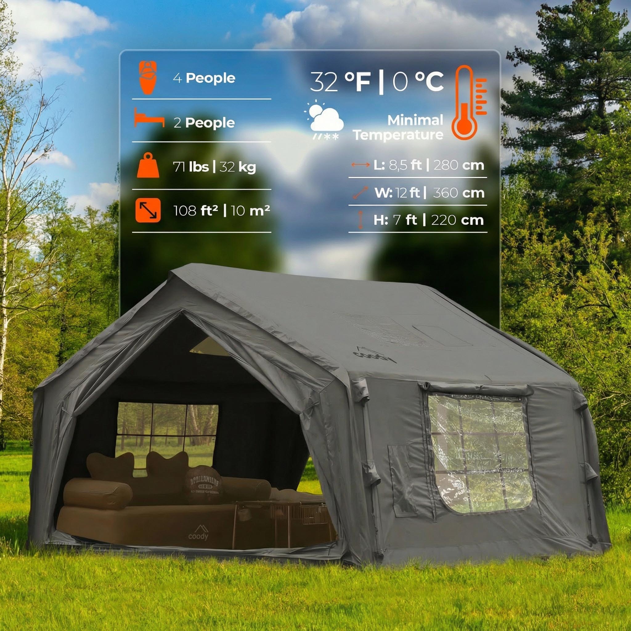 Coody 10 Gray Inflatable Tent House for Camping (2-4 Person)