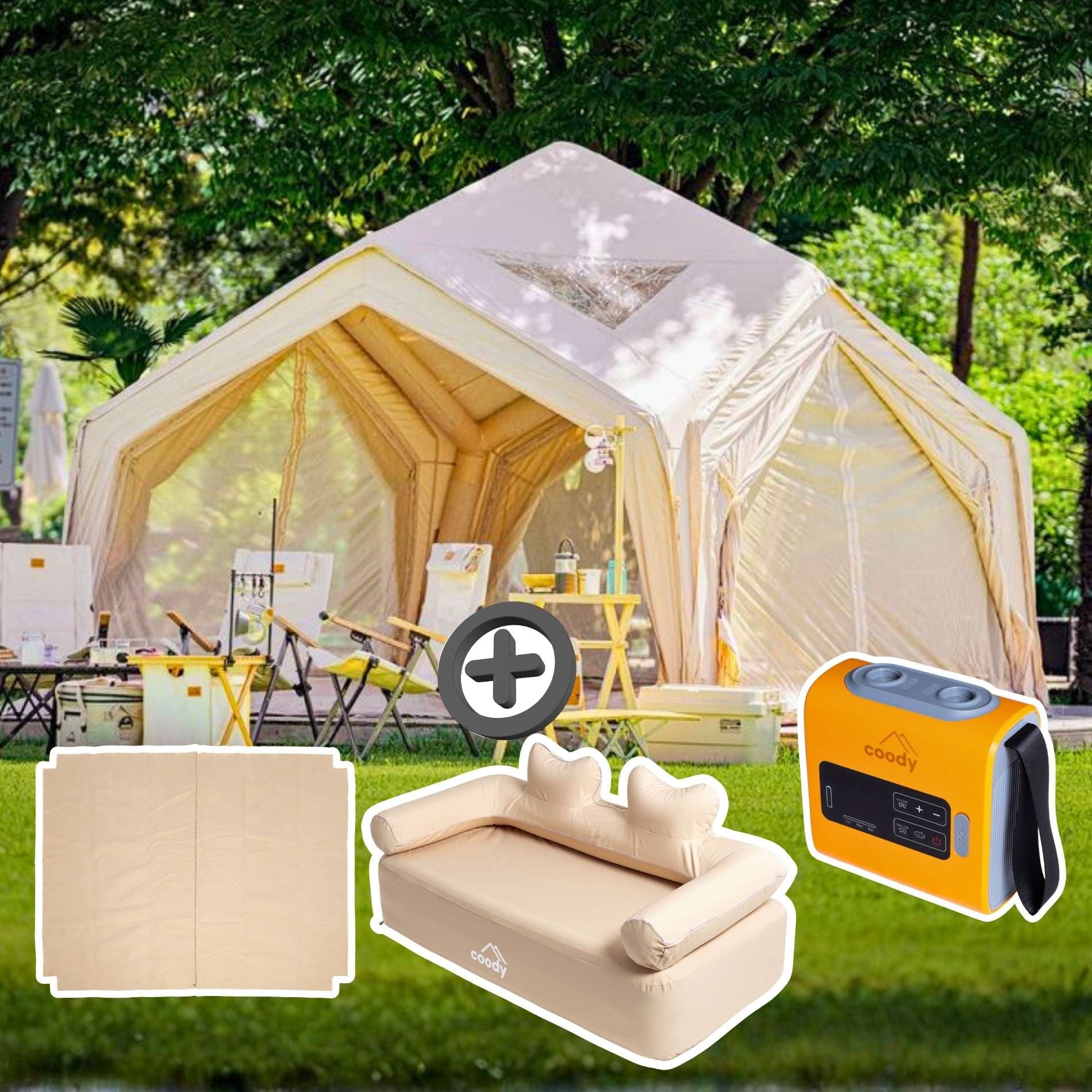 Coody AirTent Hub Beige (2-6 Person) + Carpet for Hub + Electric Pump + Air Sofa