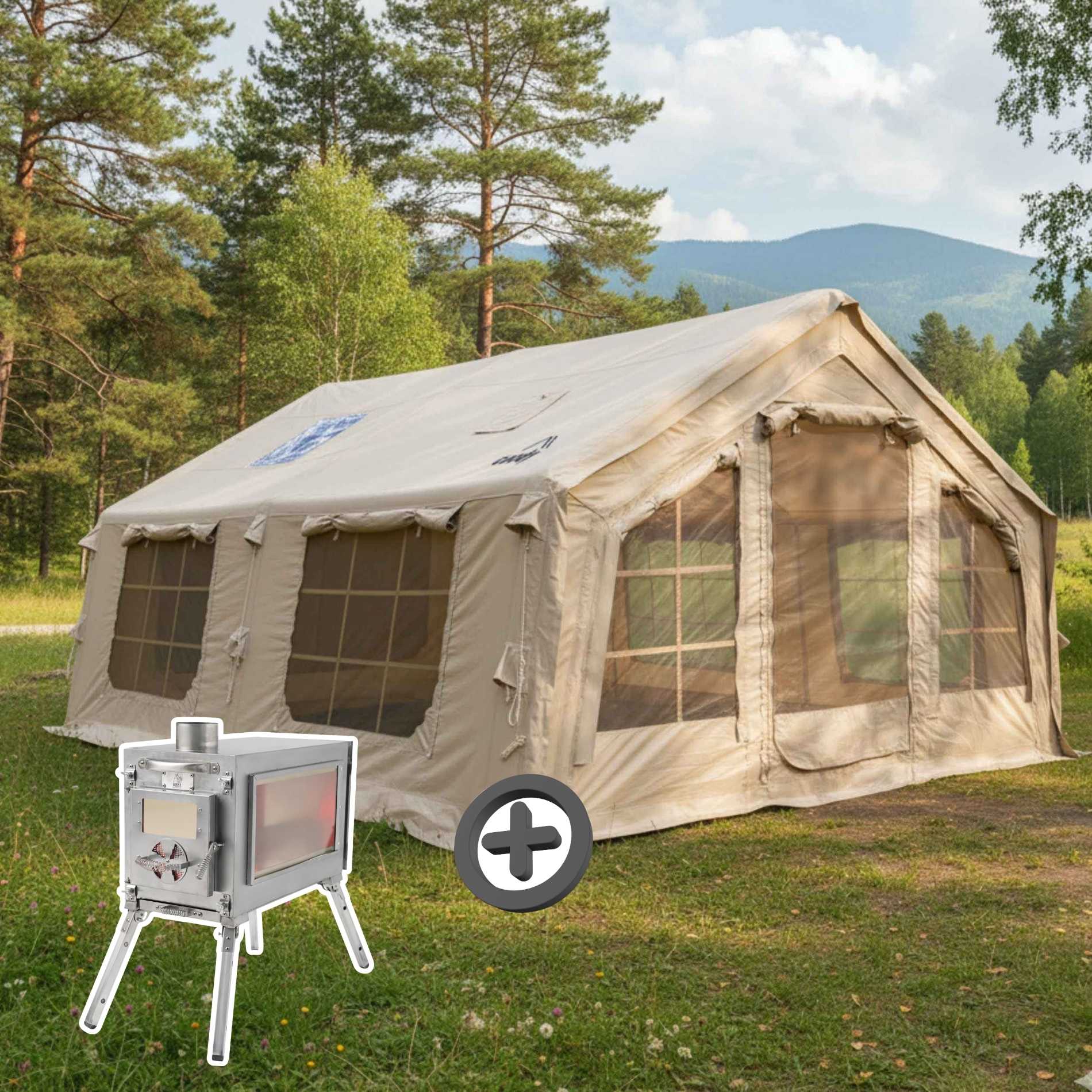 camping tents for families Coody Familia Air Tent 17.2 Beige + Stove Caminus M