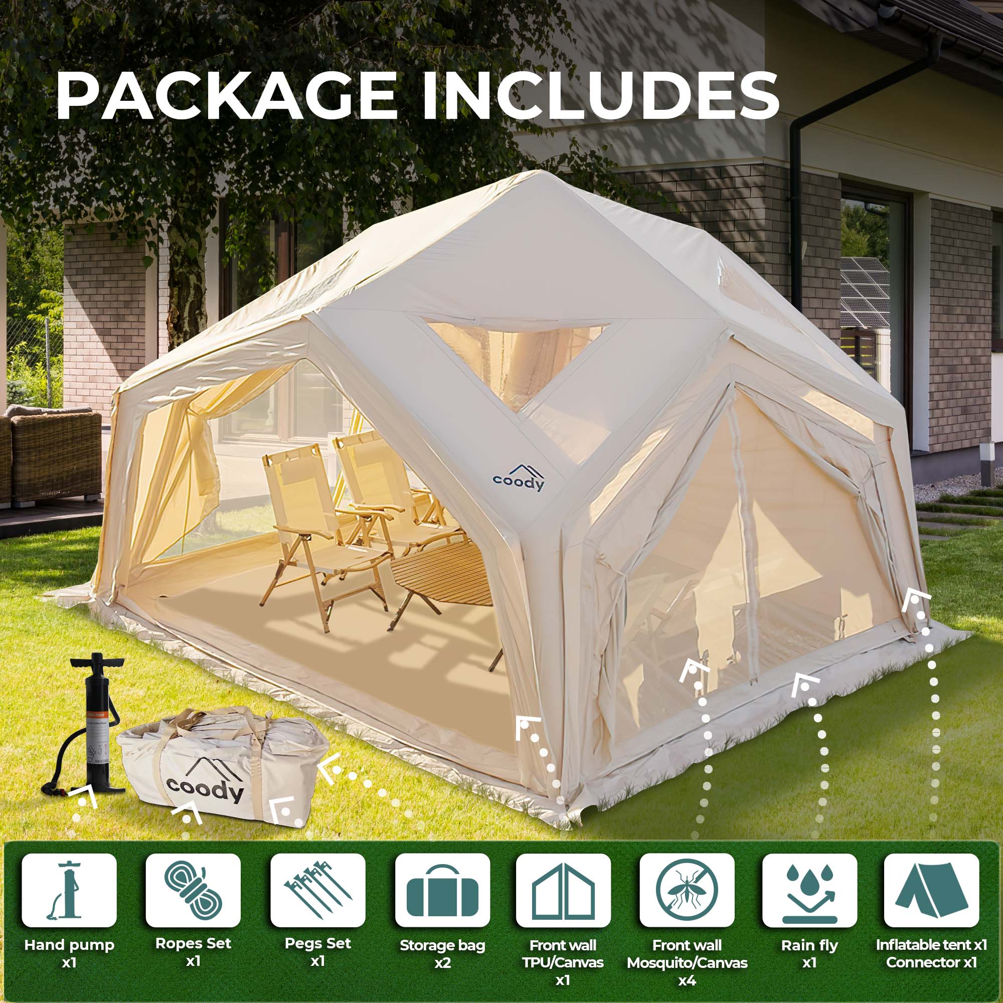 Coody AirTent Hub Beige (2-6 Person) + Carpet for Hub + Electric Pump + Air Sofa