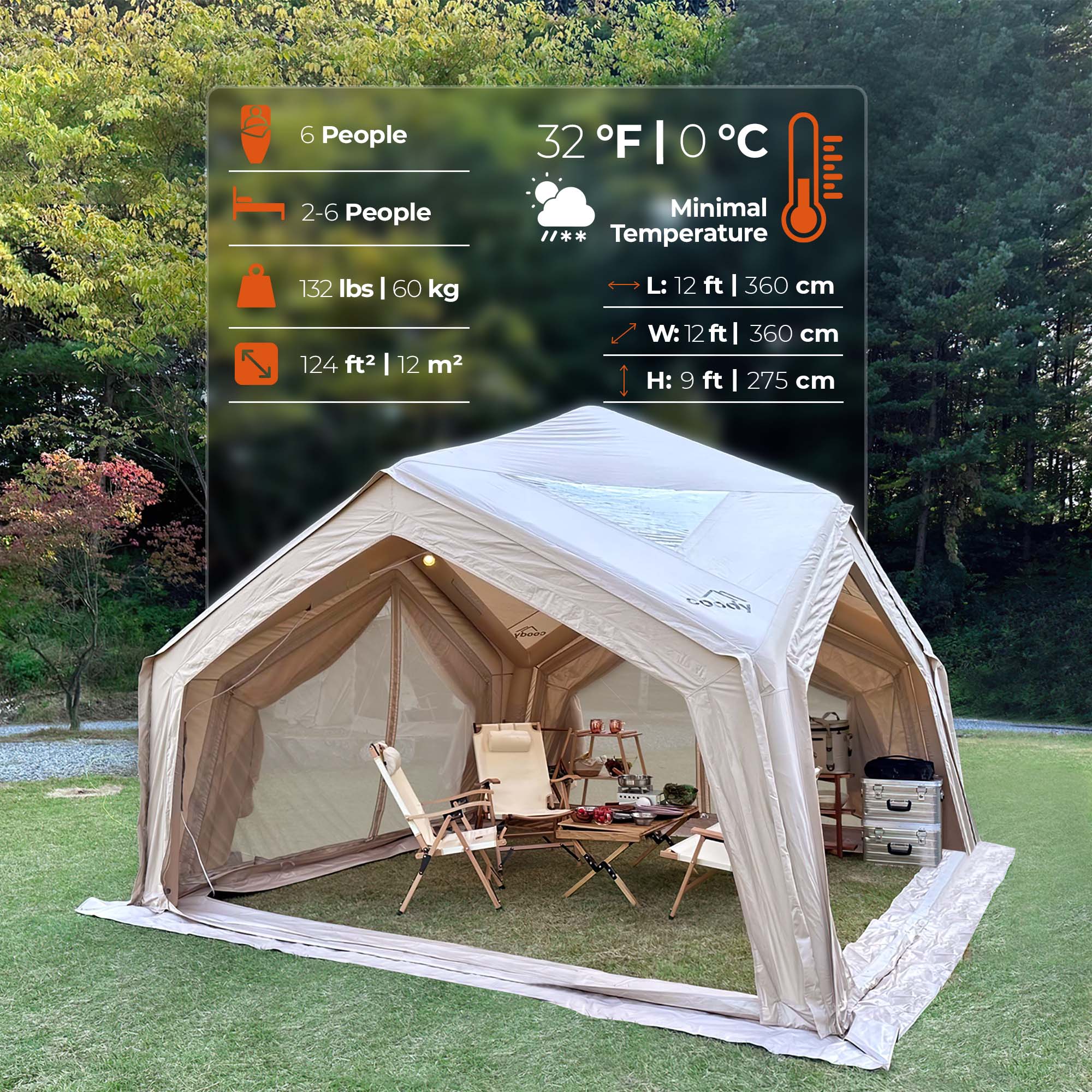Coody AirTent Hub Beige (2-6 Person) + Carpet for Hub + Electric Pump + Air Sofa