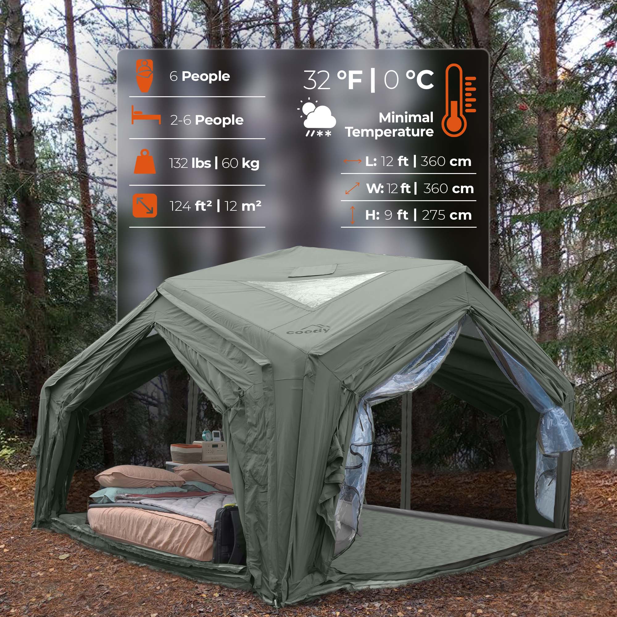 Coody Hub Inflatable Tent for 2-6 Person (Forest Green)