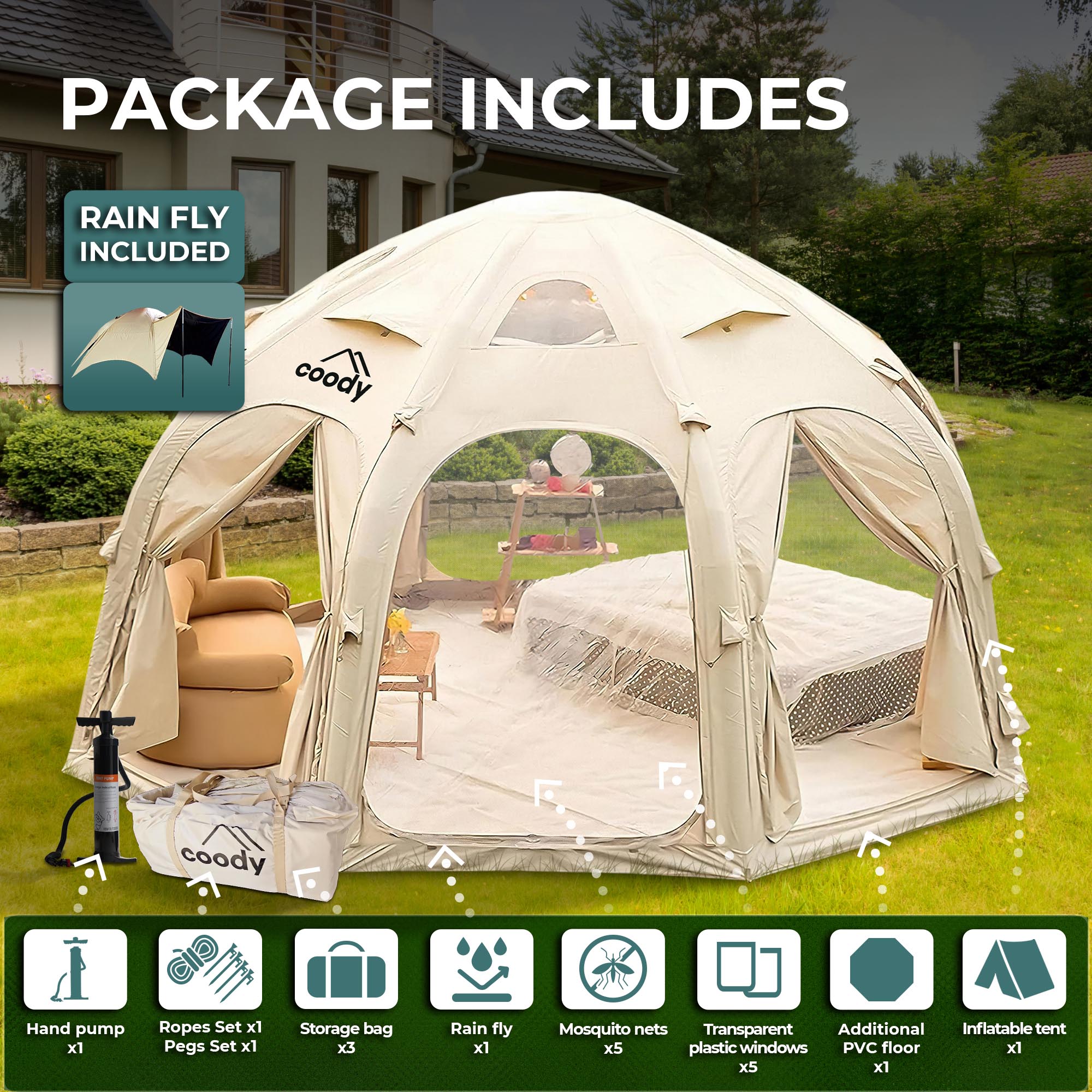 Coody Aurora Dome Beige (2-4 Person)+Carpet(Beige)+Electric Pump