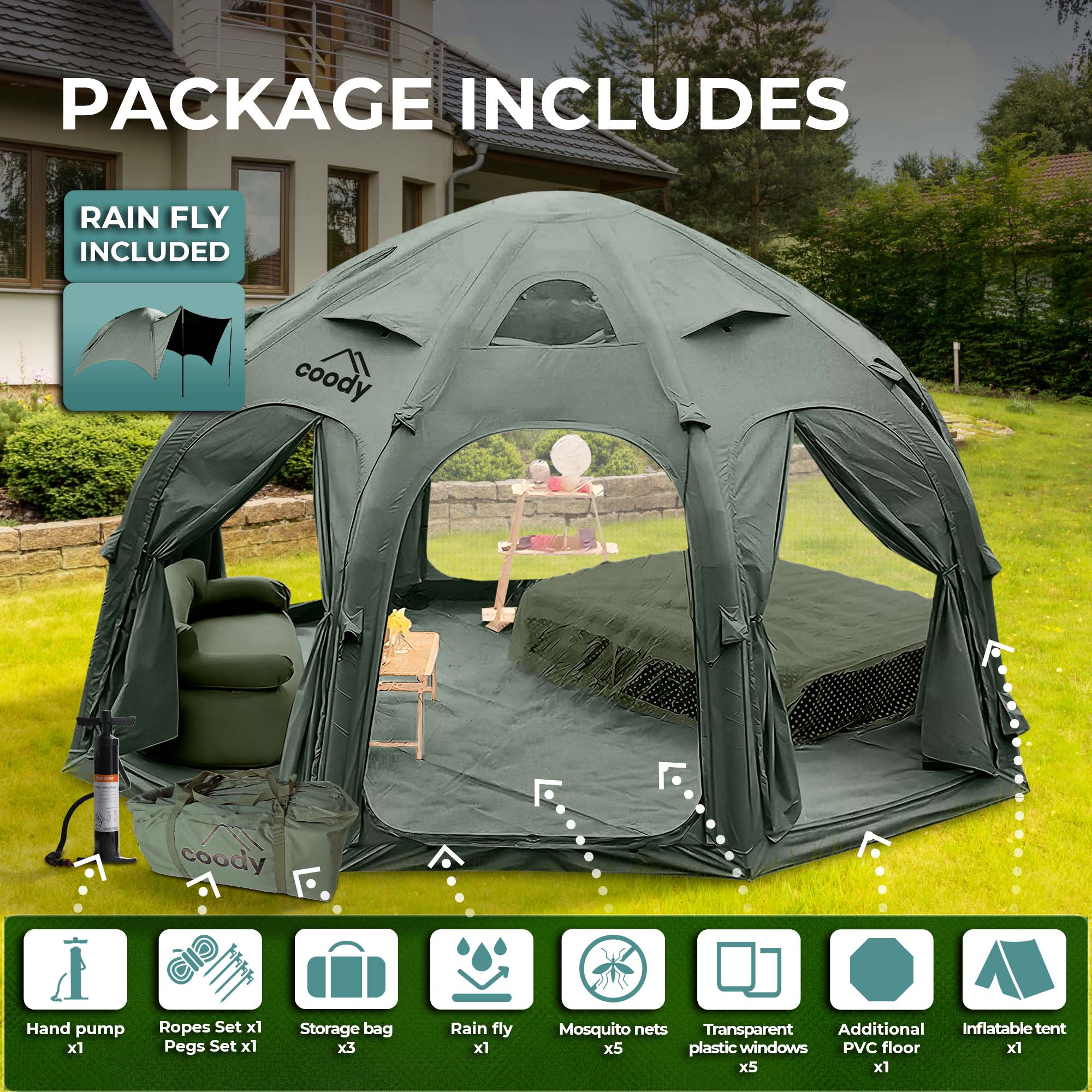 Coody Dome Octopus Forest Green Inflatable Shelter for 2-4 person