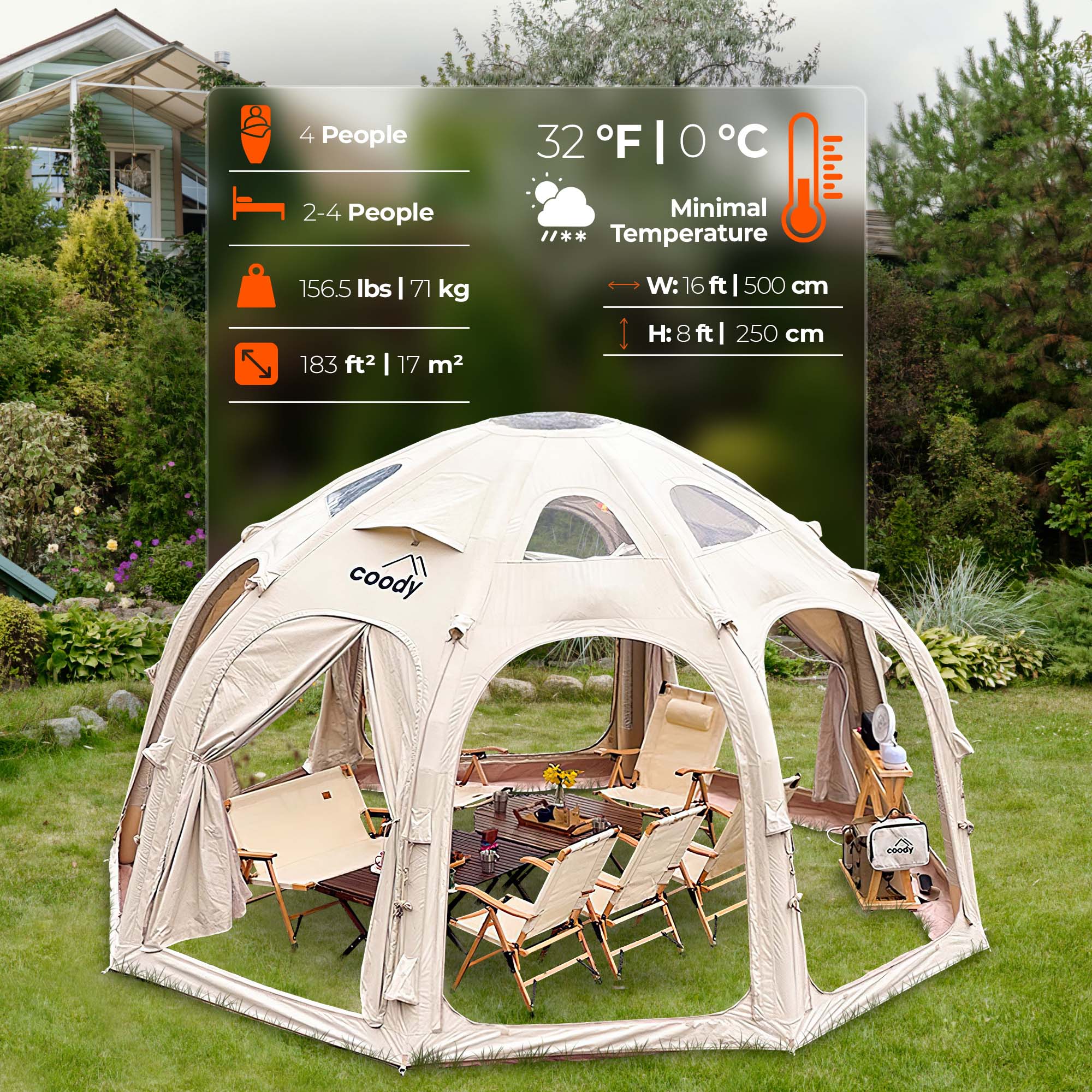Coody Aurora Dome Beige (2-4 Person)+Carpet(Beige)+Electric Pump