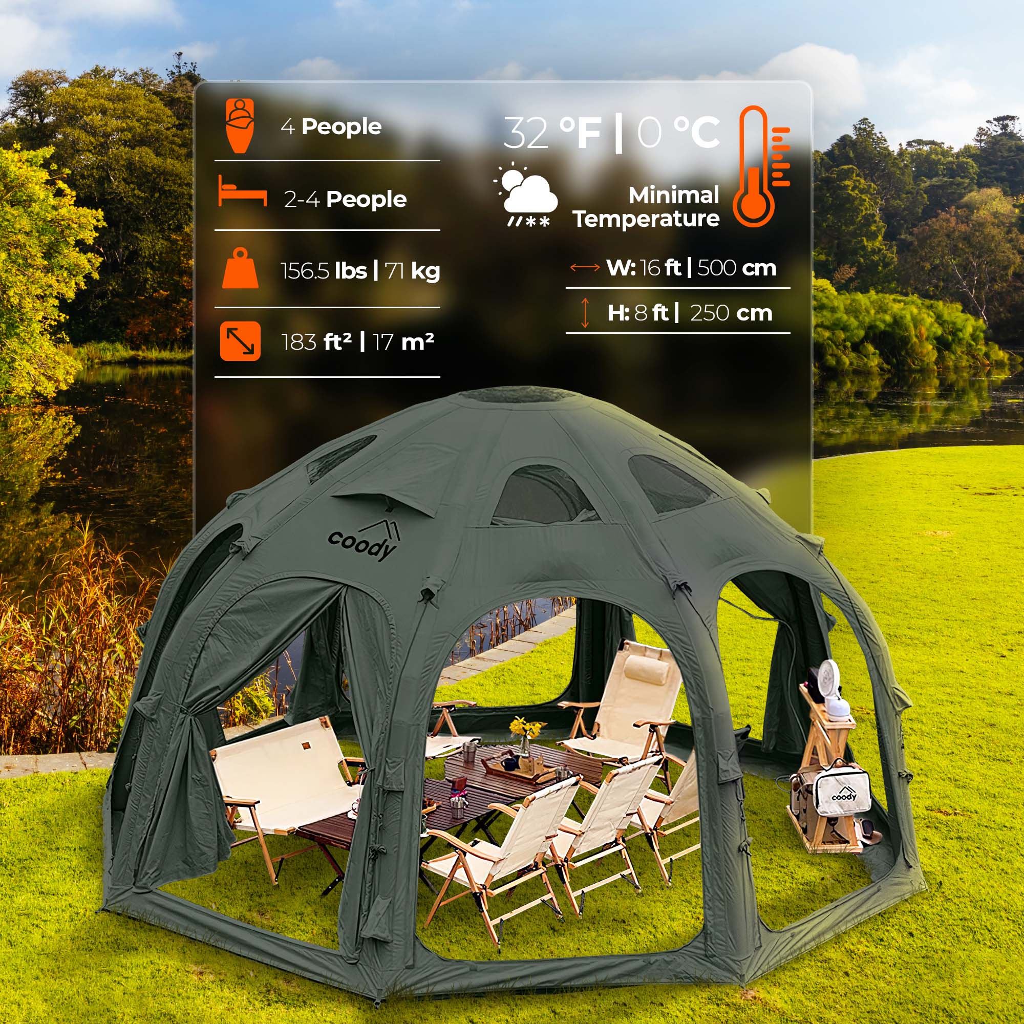 Coody Dome Octopus Forest Green Inflatable Shelter for 2-4 person