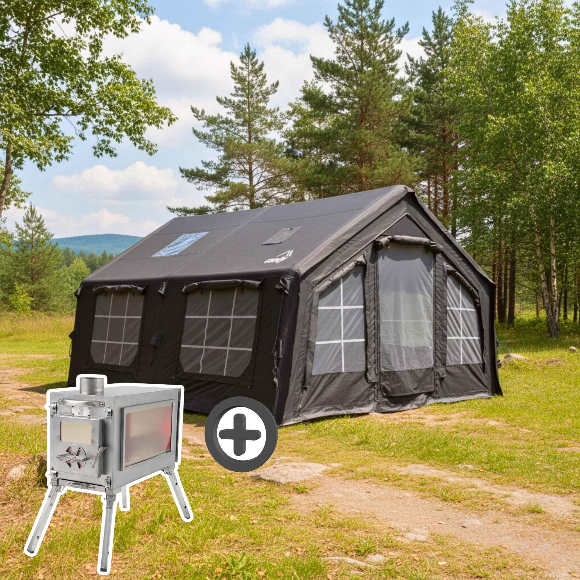 Coody Familia AirTent 13.6 Black (2-8 Person) + RBM Wood Stove Caminus