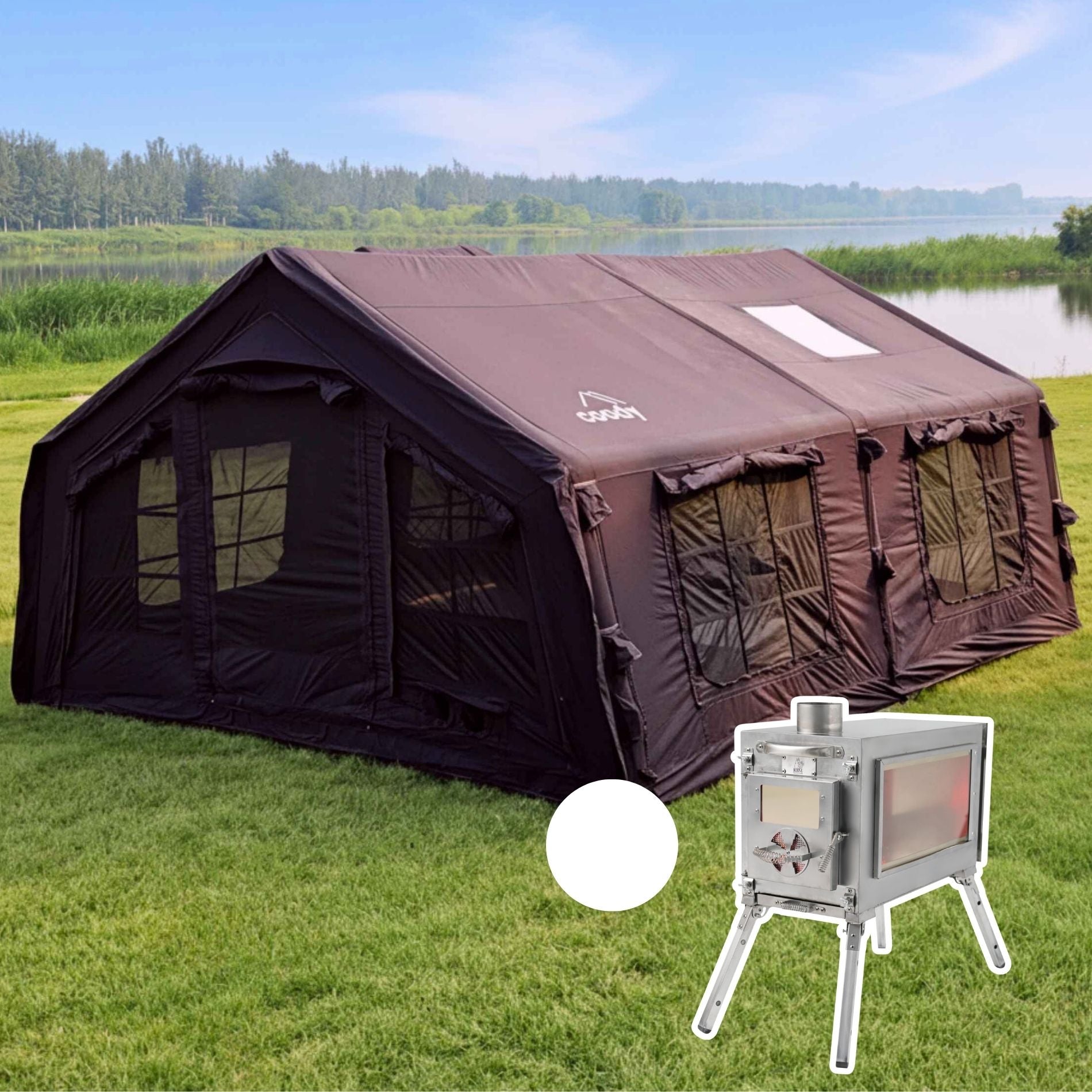 Coody Familia AirTent 17.2 Black (2-10 Person) + RBM Wood Stove Caminus M