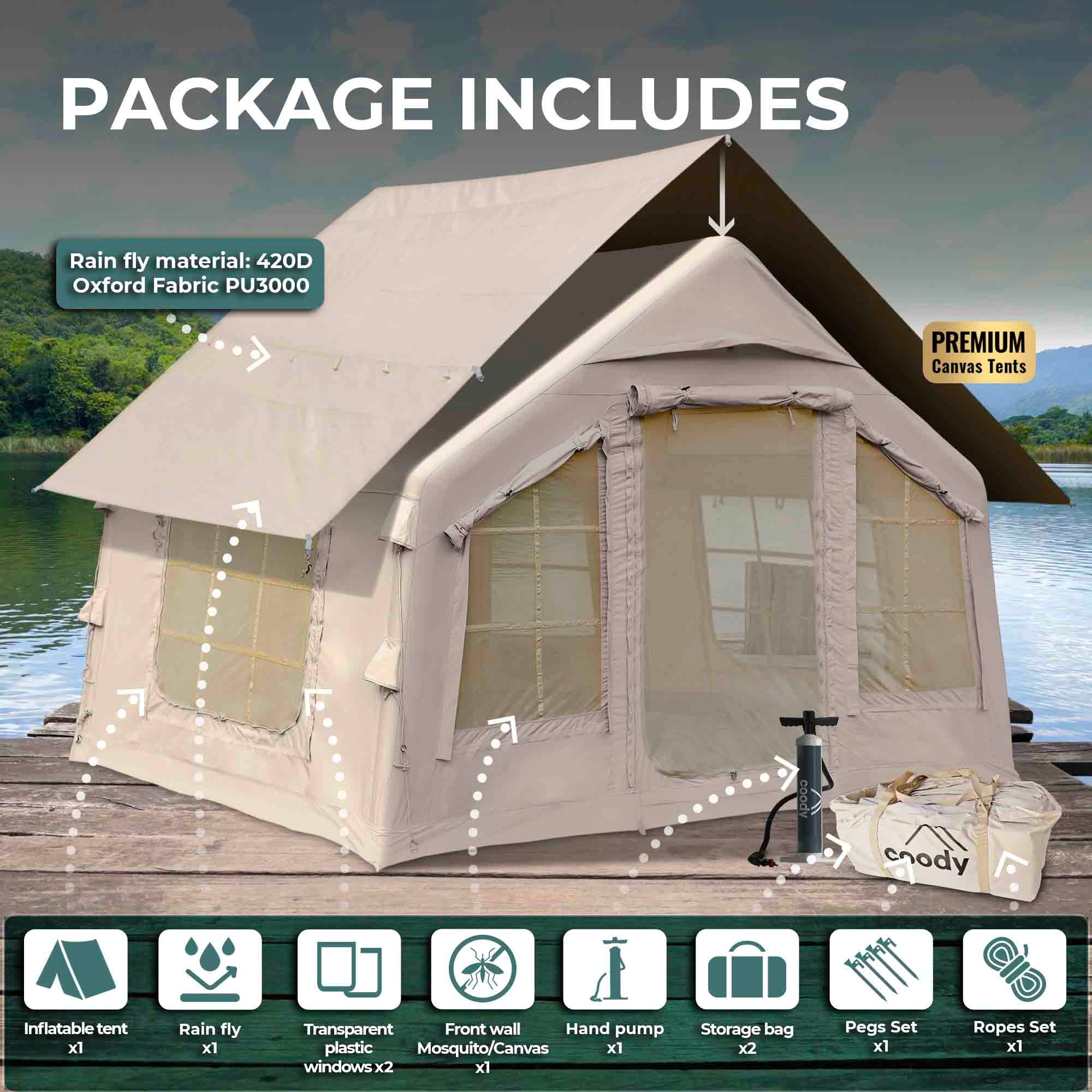 Coody 8.0 Air Tent Beige - Inflatable Tent House for Camping (1-4 Person)