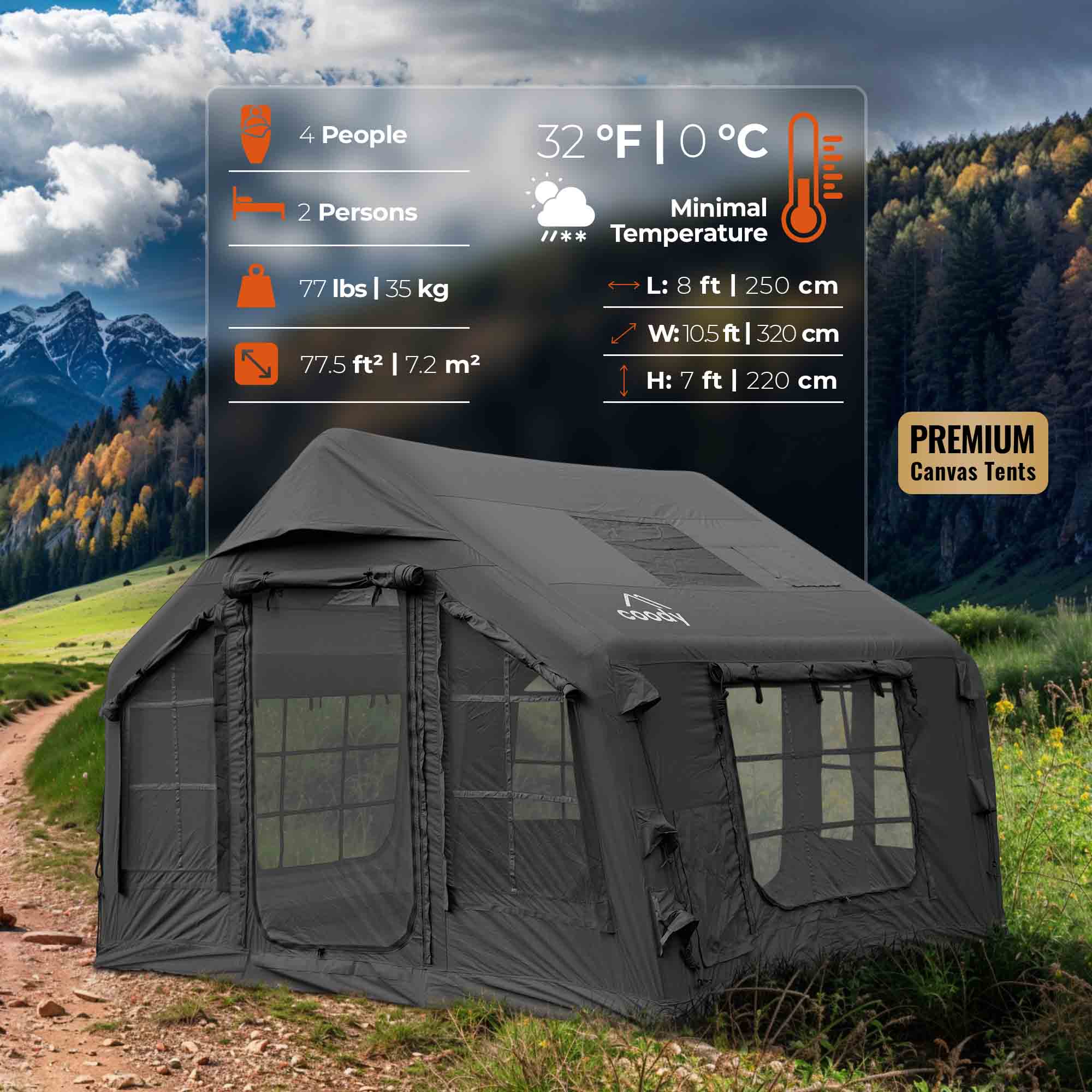 Coody 8.0 Air Tent Black - Inflatable Tent House for Camping (1-4 Person)