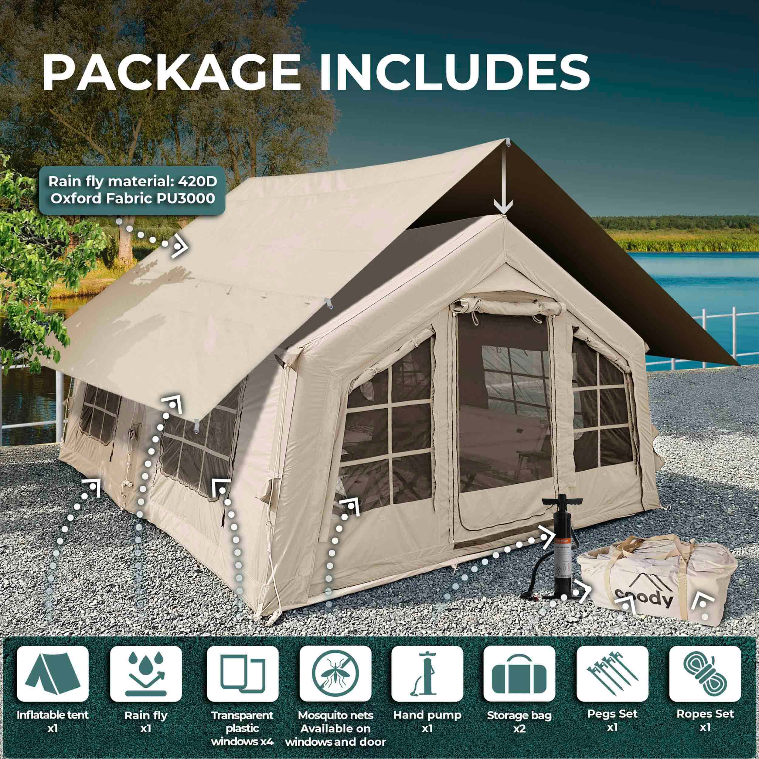Tente gonflable Coody Familia AirTent 13.6 beige pour camping (2 à 8 personnes)