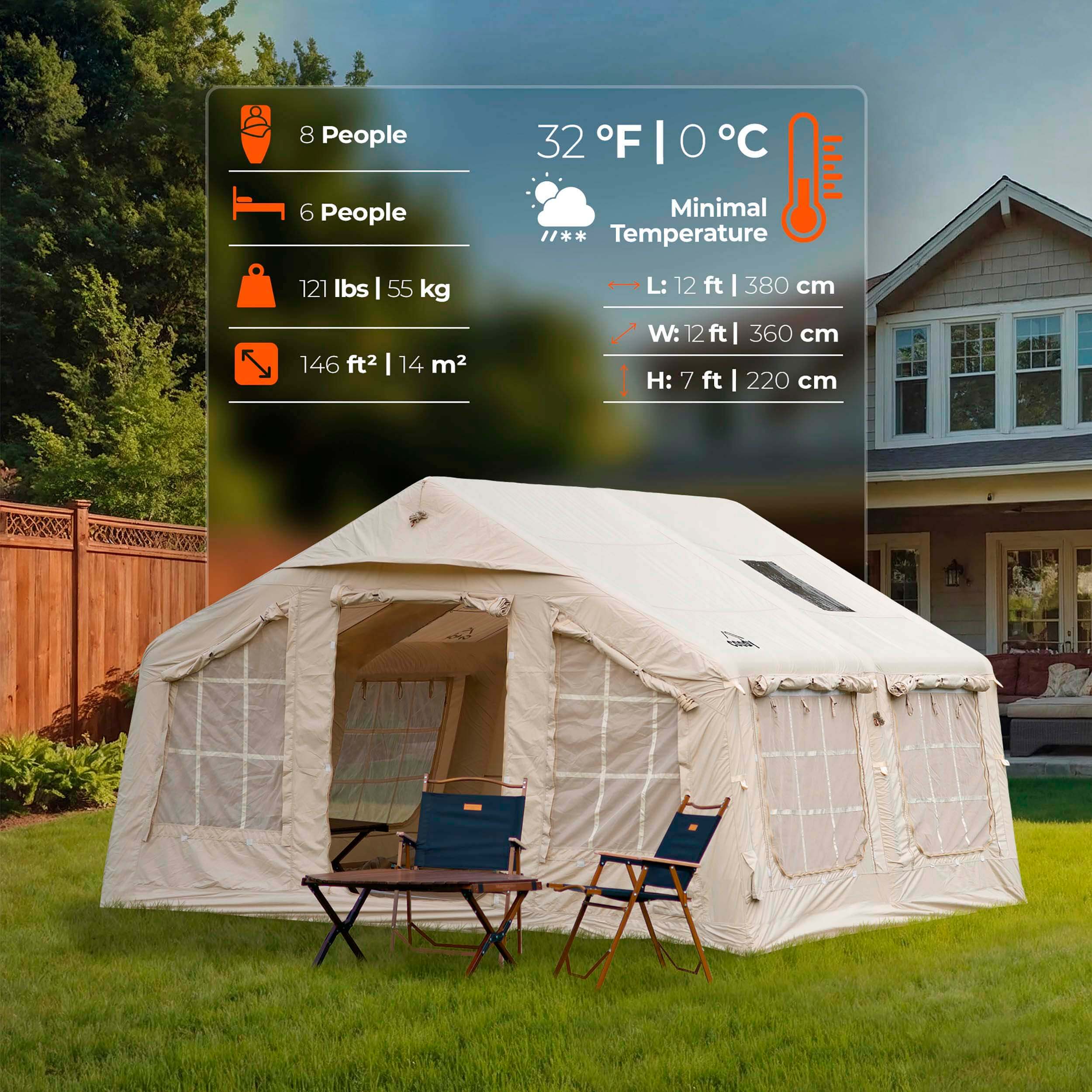 Tente gonflable Coody Familia AirTent 13.6 beige pour camping (2 à 8 personnes)