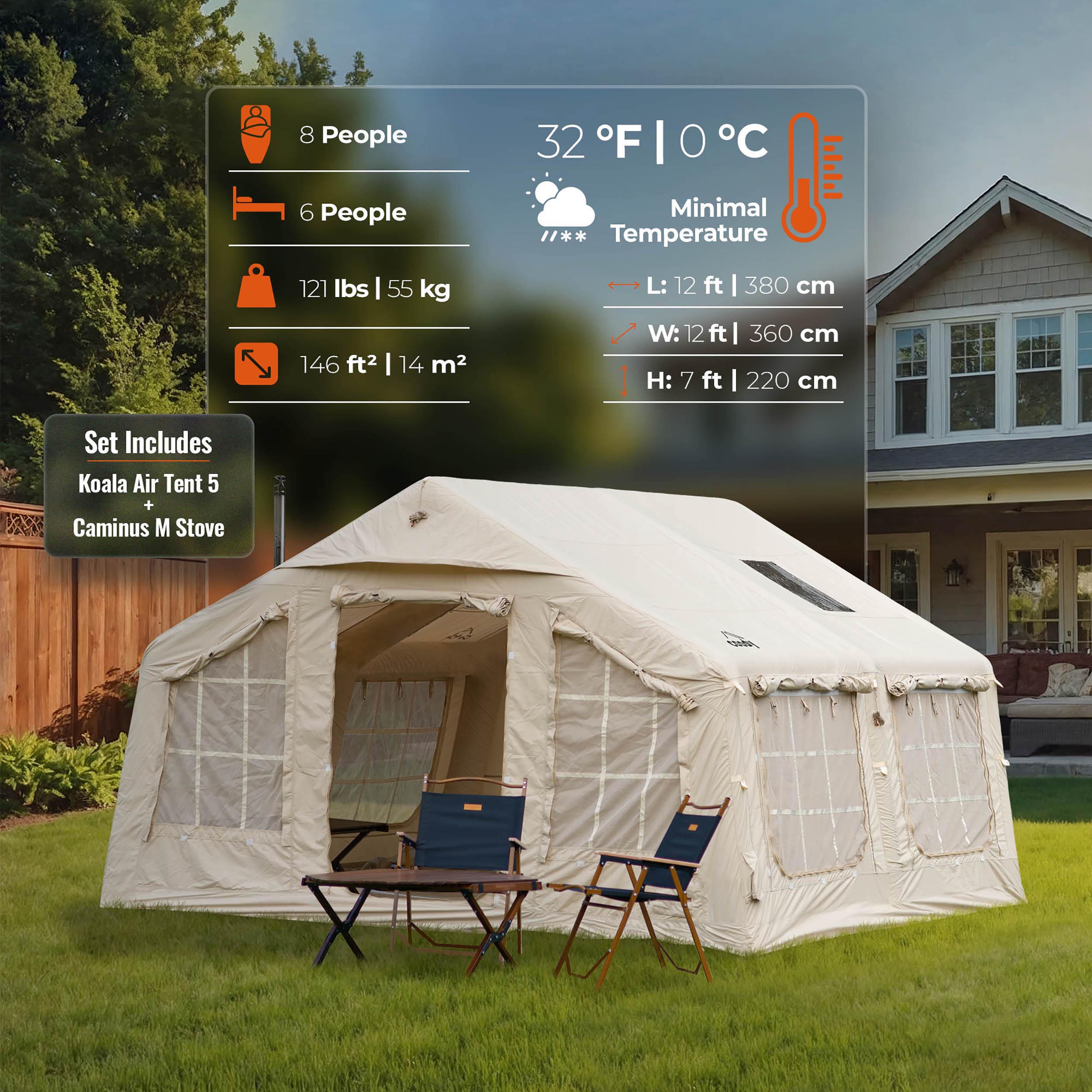 Coody Familia AirTent 13.6 Beige (2-10 Person) + RBM Wood Stove Caminus M