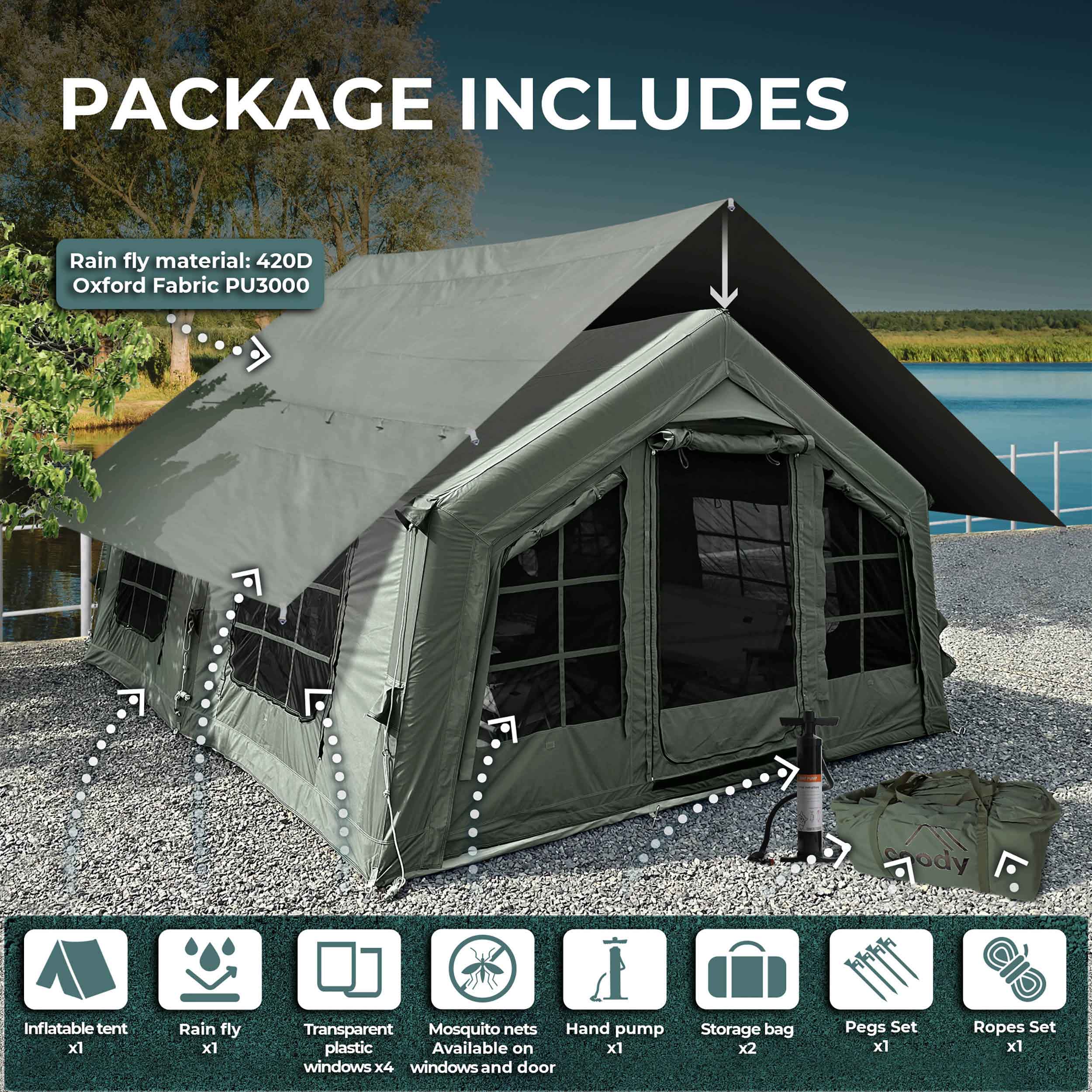 Coody Familia AirTent 13.6 Forest Green (2-10 Person) + RBM Wood Stove Caminus M
