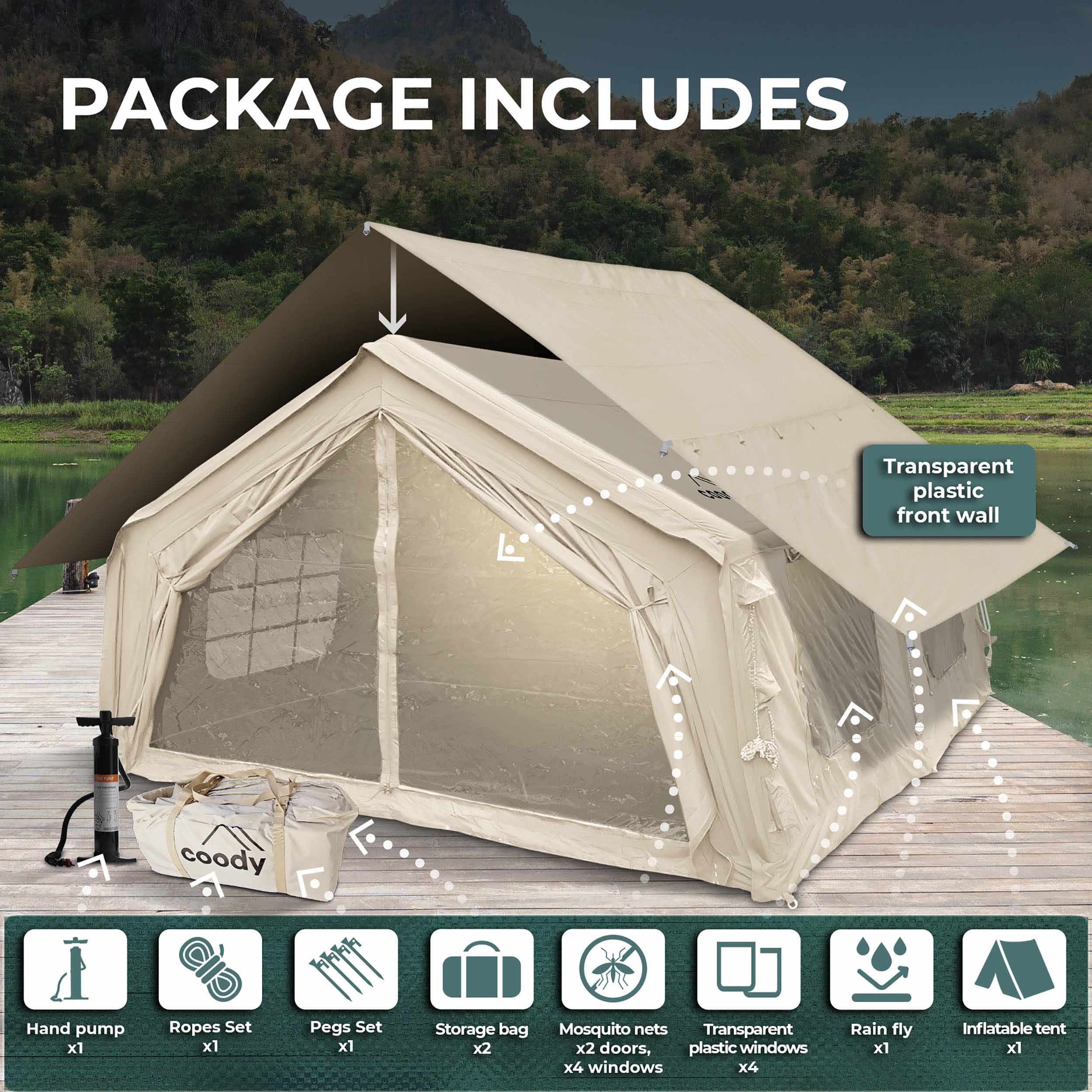 Coody Familia AirTent 17.2 Beige (2-10 Person)+ RBM Wood Stove Caminus M