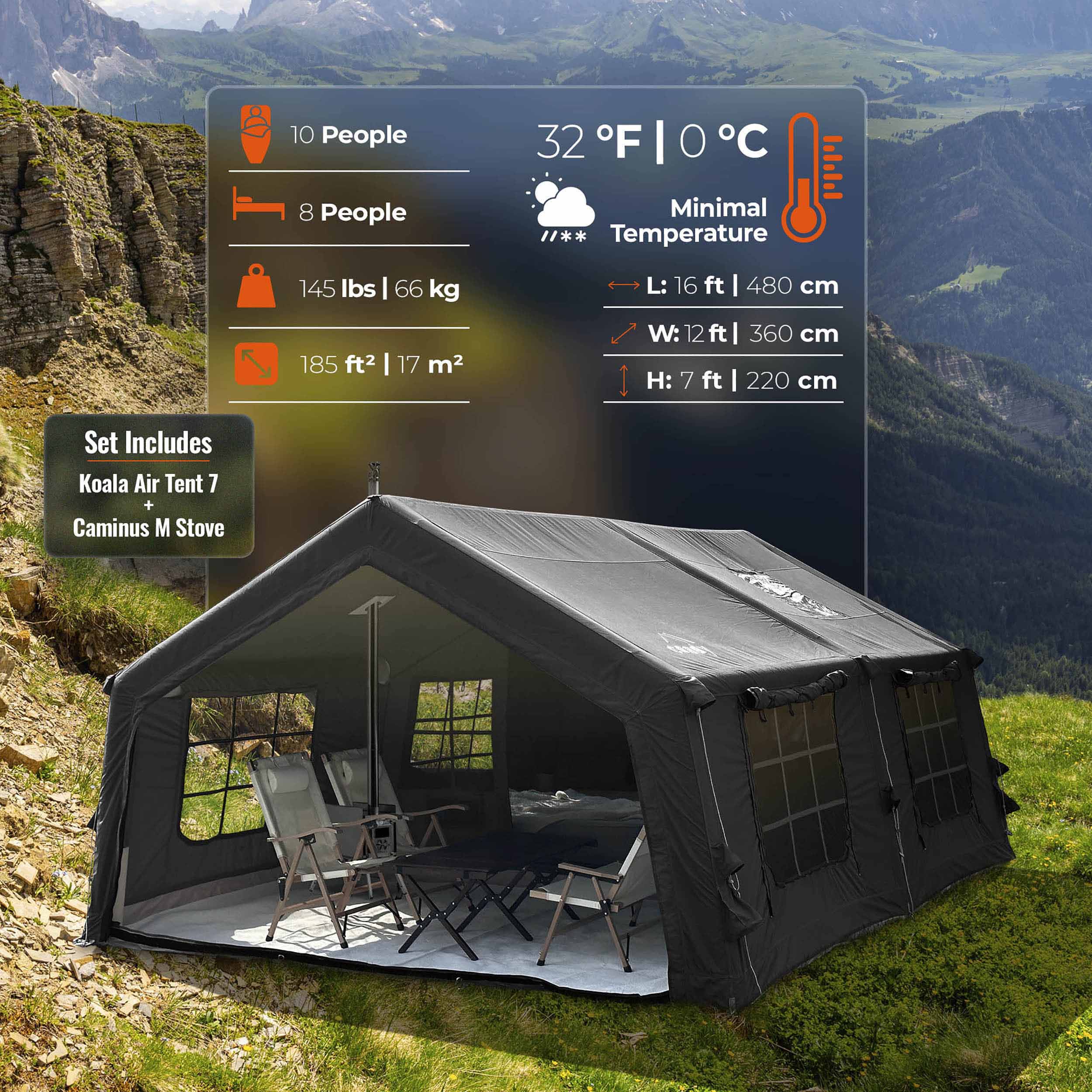 Coody Familia AirTent 17.2 Black (2-10 Person) + RBM Wood Stove Caminus M