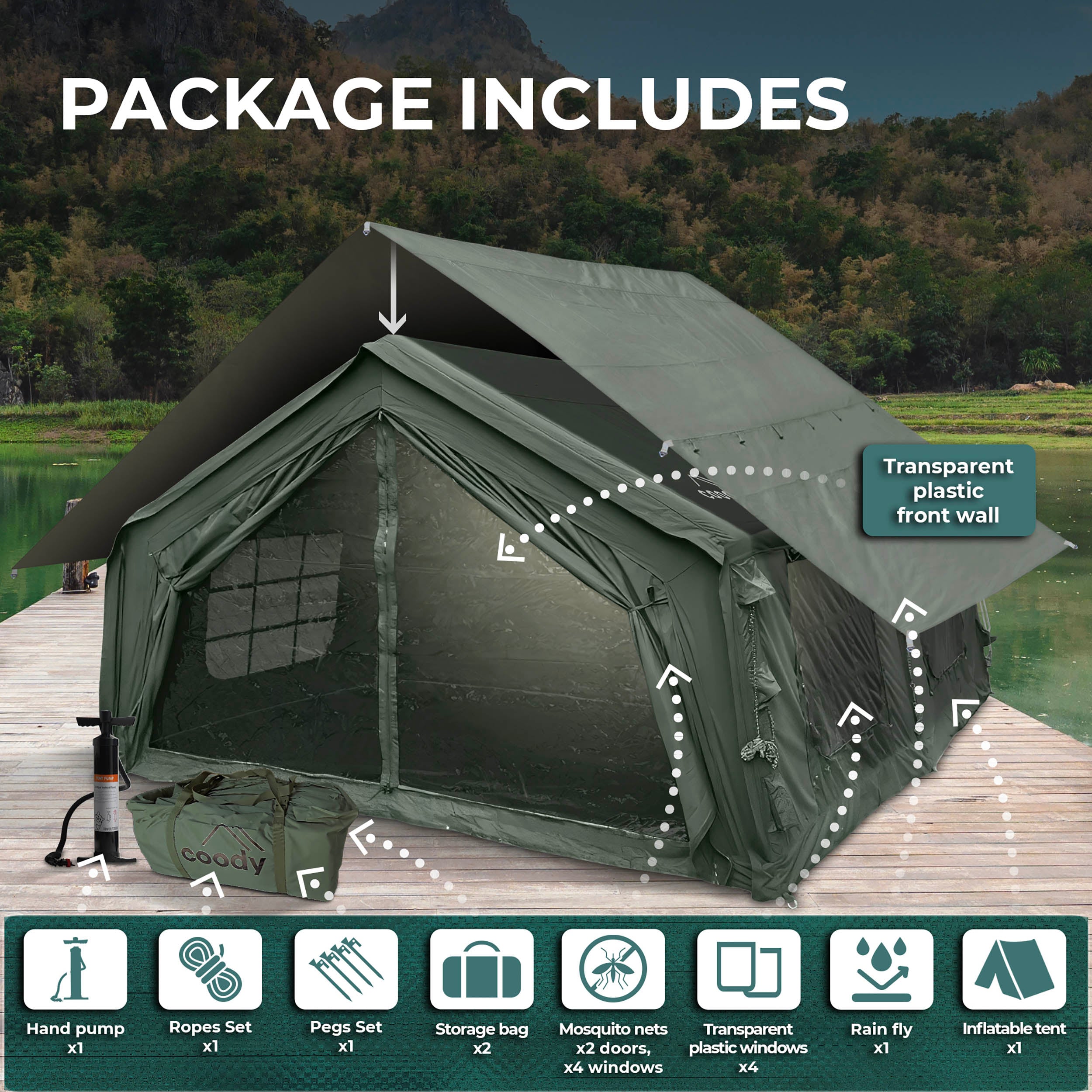 Coody Familia AirTent 17.2 Forest Green (2-10 Person)+ RBM Wood Stove Caminus M