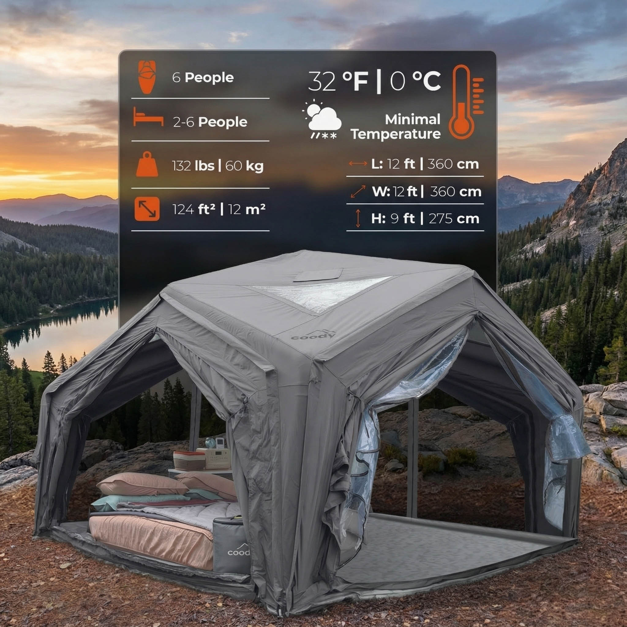 Coody Air Tent Hub Shelter Gray Inflatable Tents for Camping (2-6 Person)