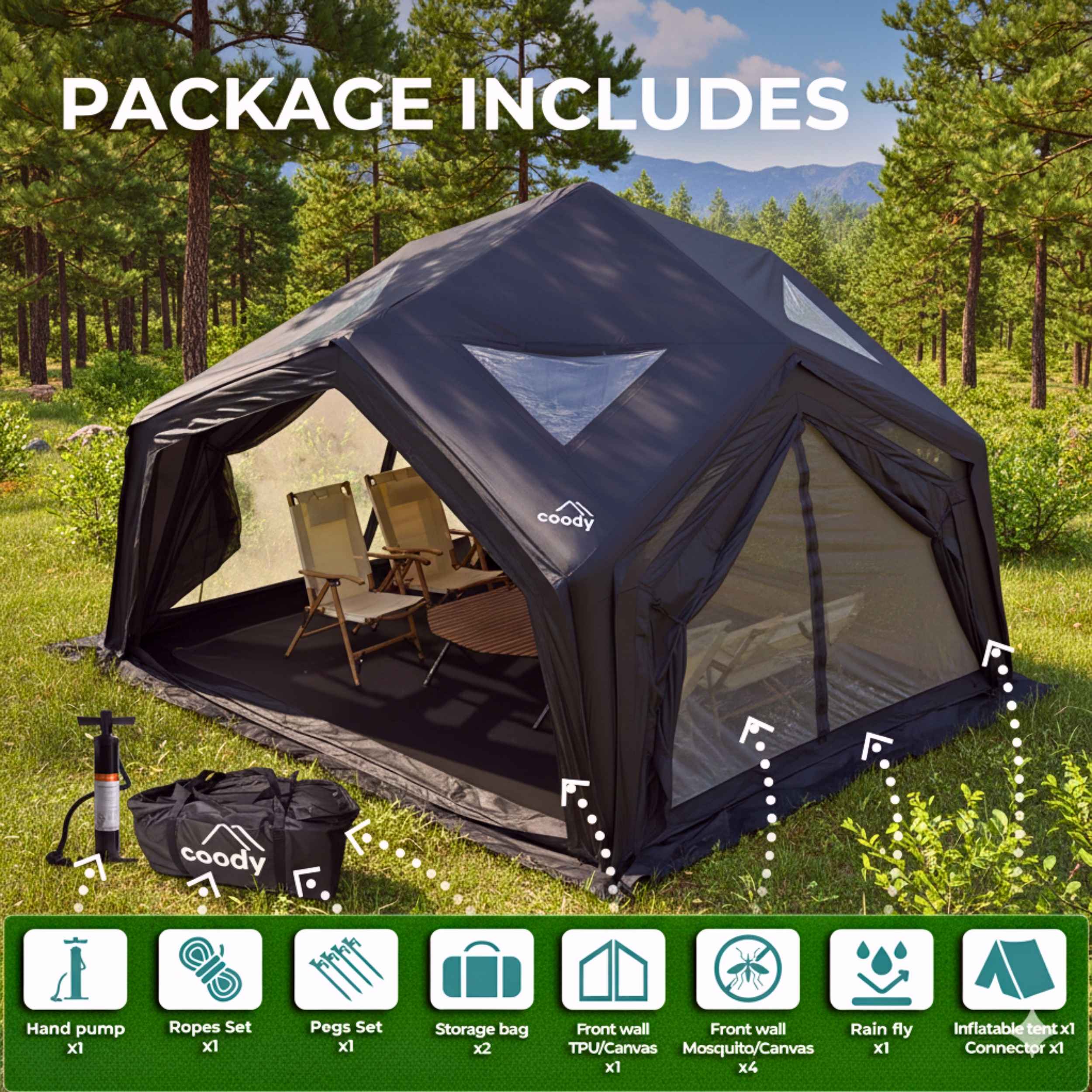 Tiendas inflables Coody Air Tent Hub Shelter negras para acampar (2-6 personas)