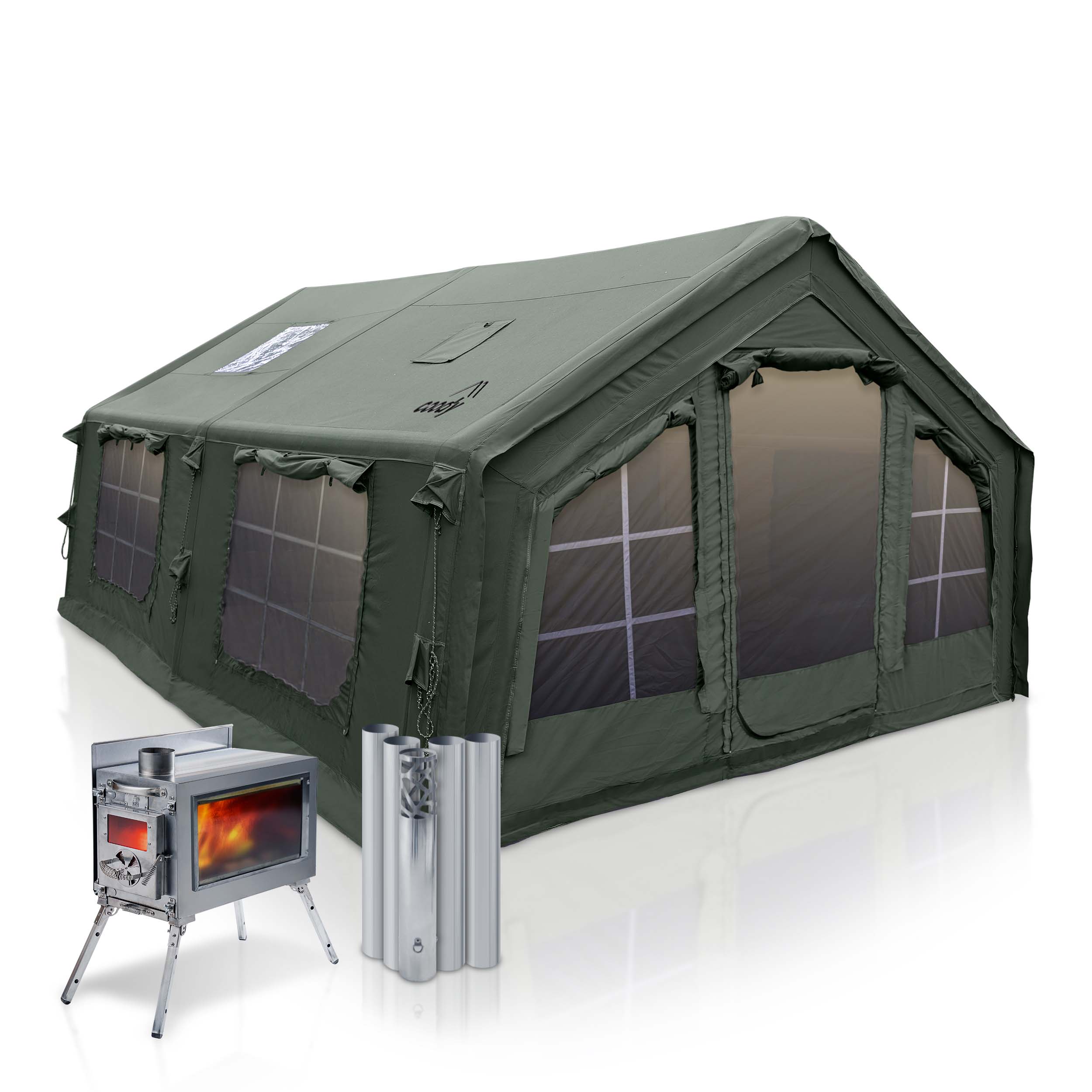Coody 17.2 Forest Green + Stove Caminus M - Inflatable Tents with Wood Stove