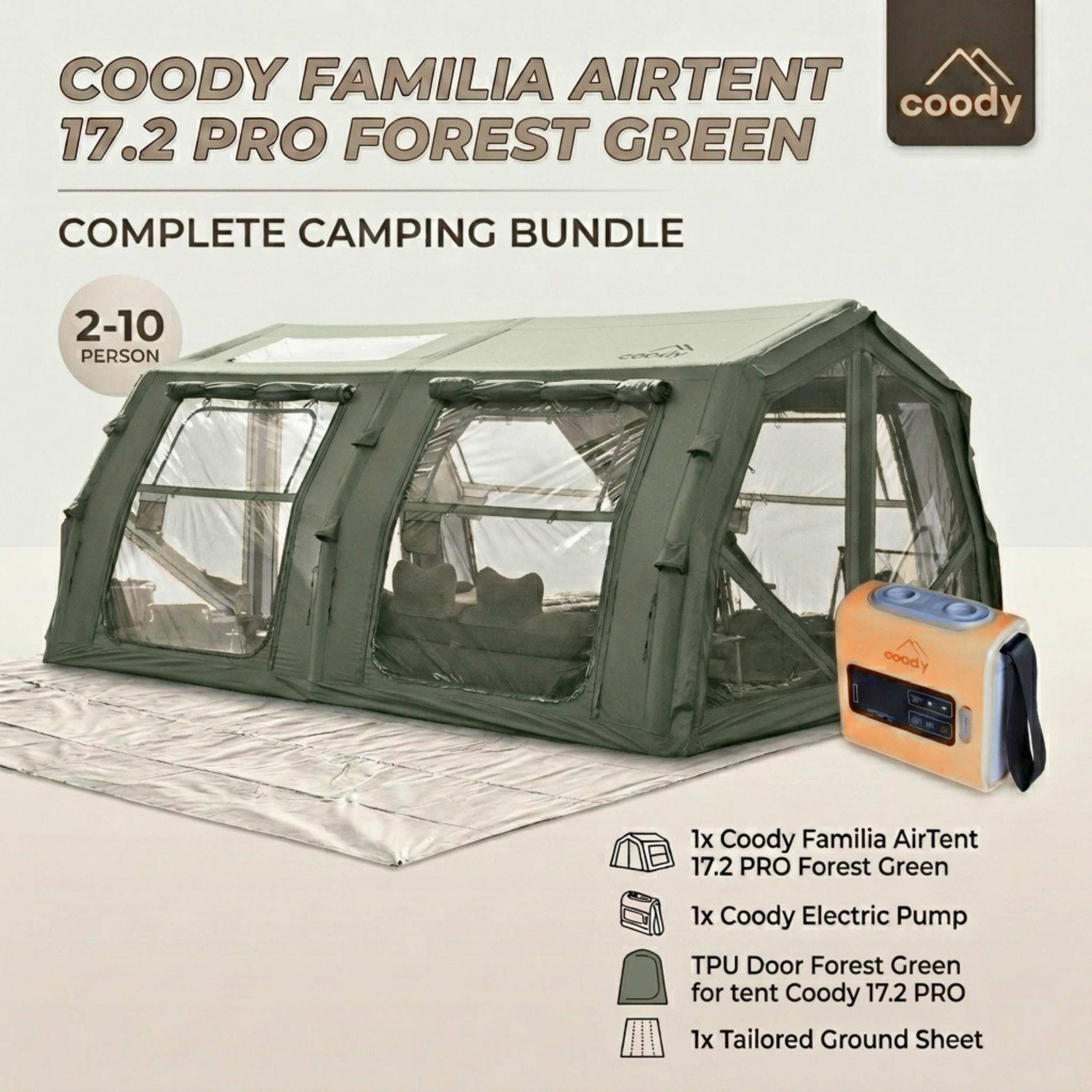 Coody Familia AirTent 17.2 PRO Forest Green (2-10 Person)+Electric Pump+TPU Door Forest Green+Ground Sheet