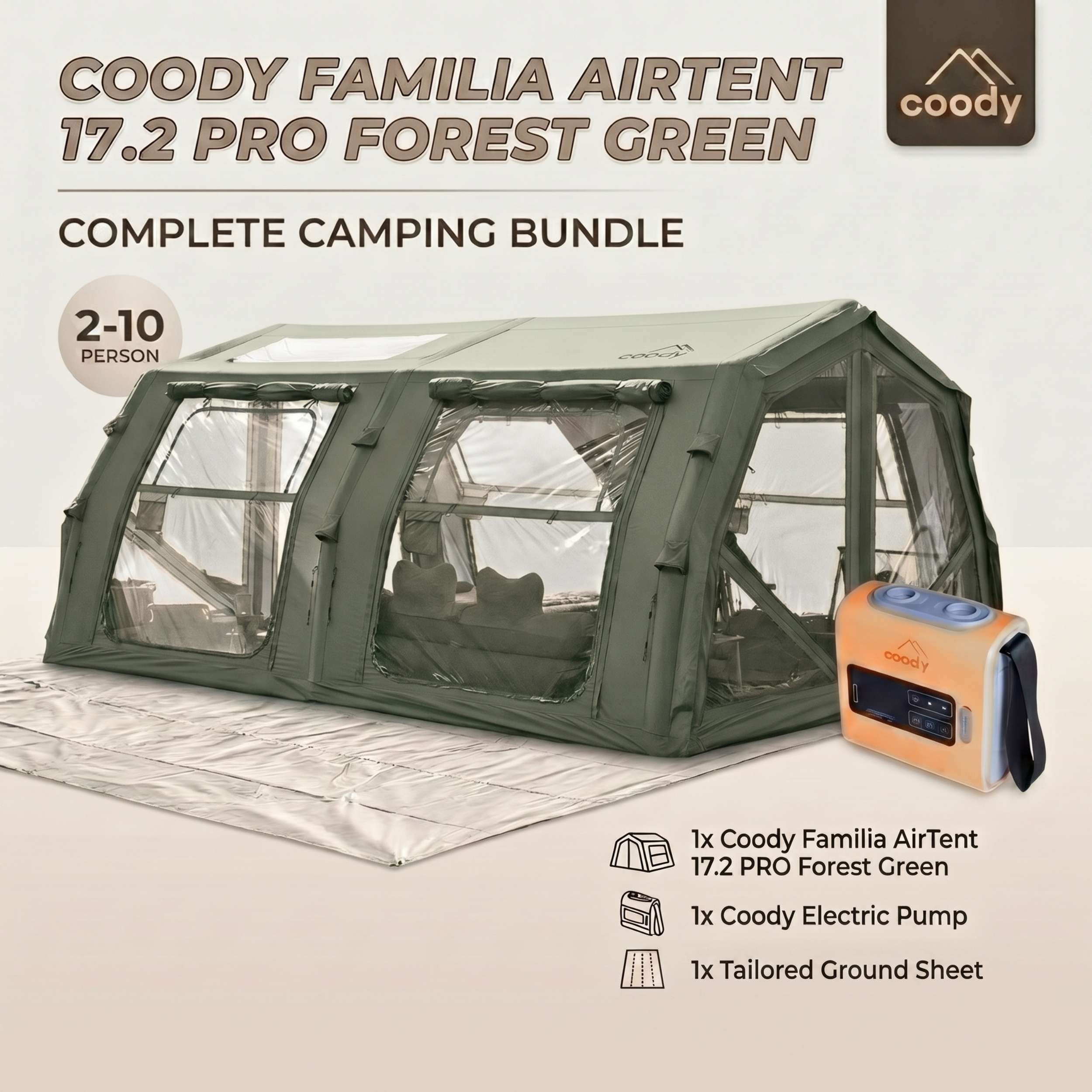 Coody Familia AirTent 17.2 PRO Forest Green (2-10 Person)+Electric Pump+Ground Sheet