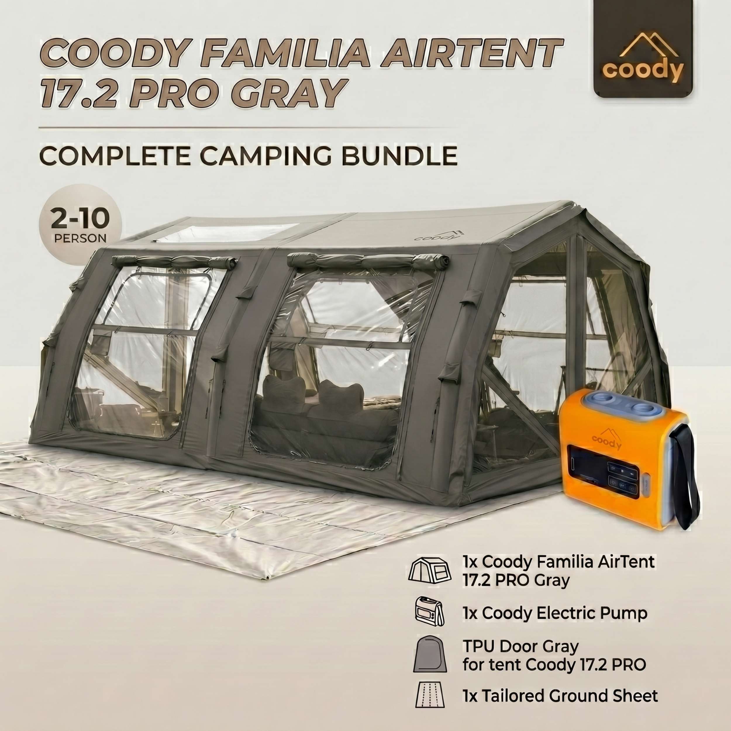 Coody Familia AirTent 17.2 PRO Gray (2-10 Person)+Electric Pump+TPU Door Gray+Ground Sheet