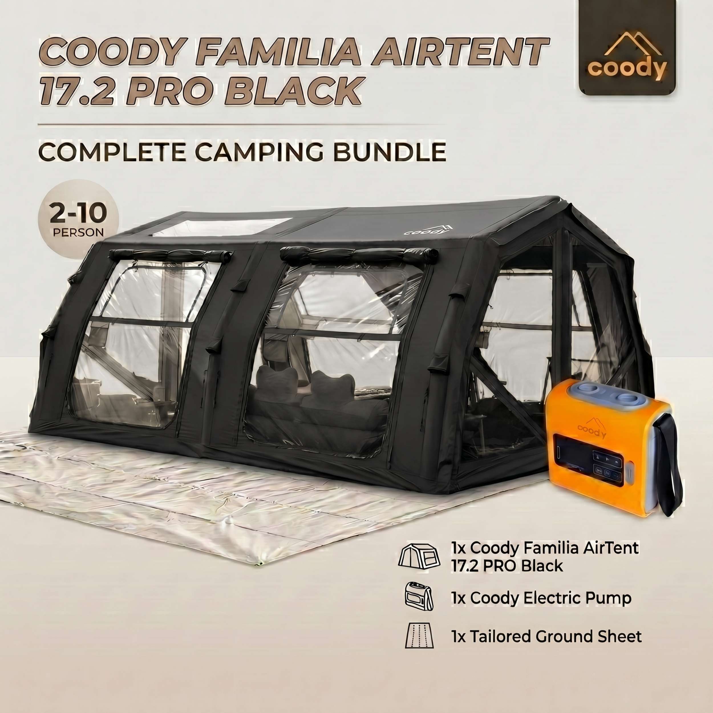 Coody Familia AirTent 17.2 PRO Black (2-10 Person)+Electric Pump+Ground Sheet