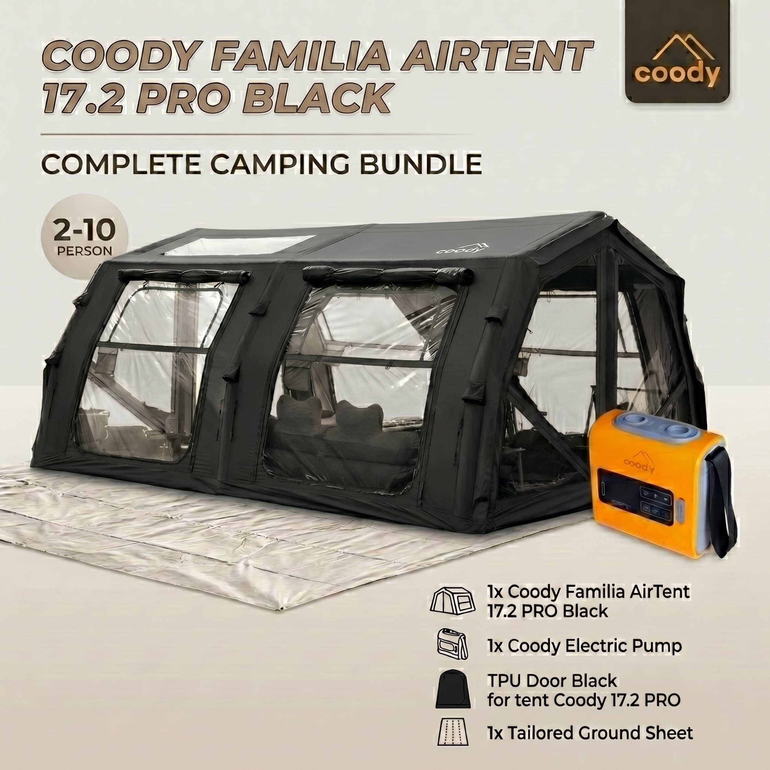 Coody Familia AirTent 17.2 PRO Black (2-10 Person)+Electric Pump+TPU D