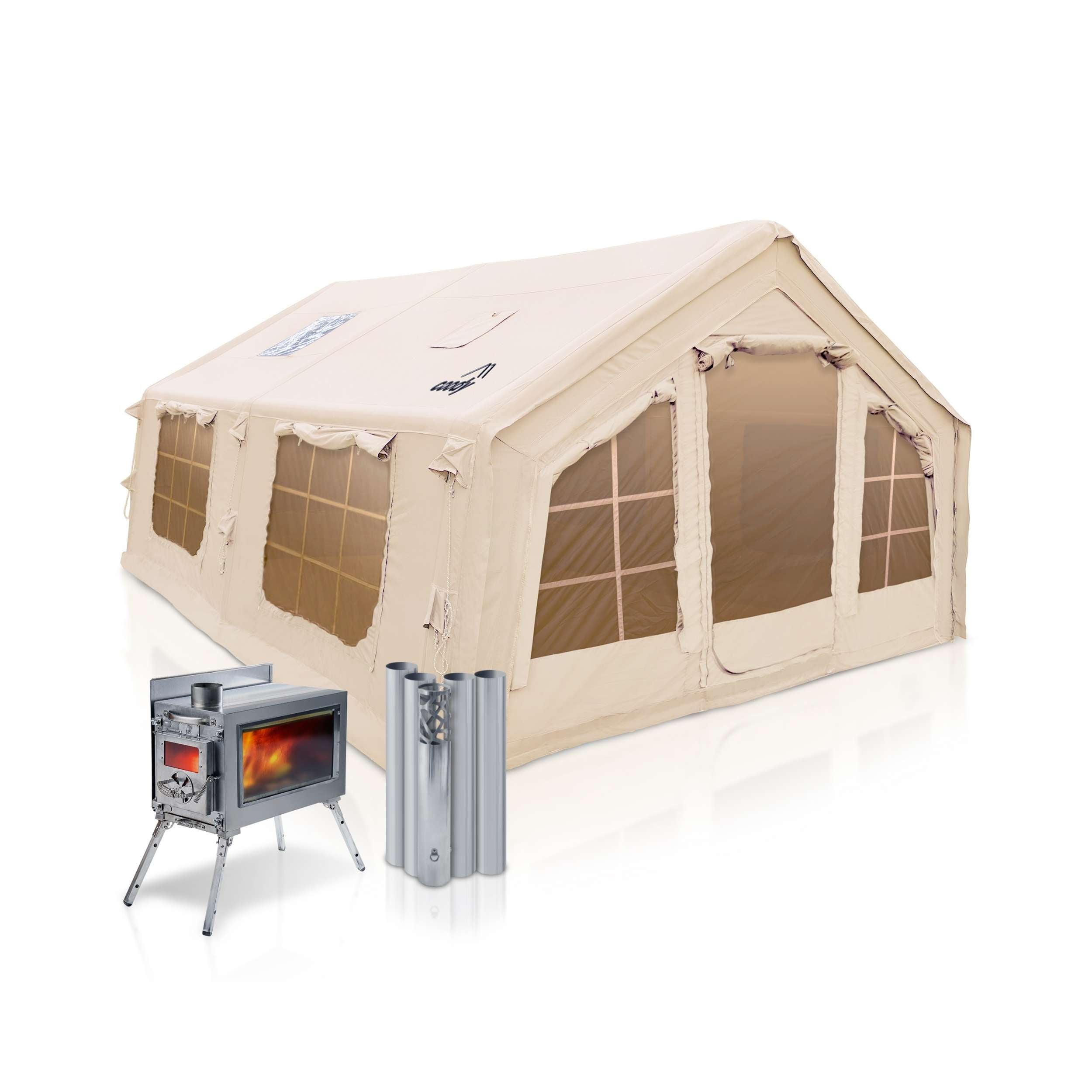 Coody 17.2 Beige + Stove Caminus M - Inflatable Tents for Camping with Wood Stove