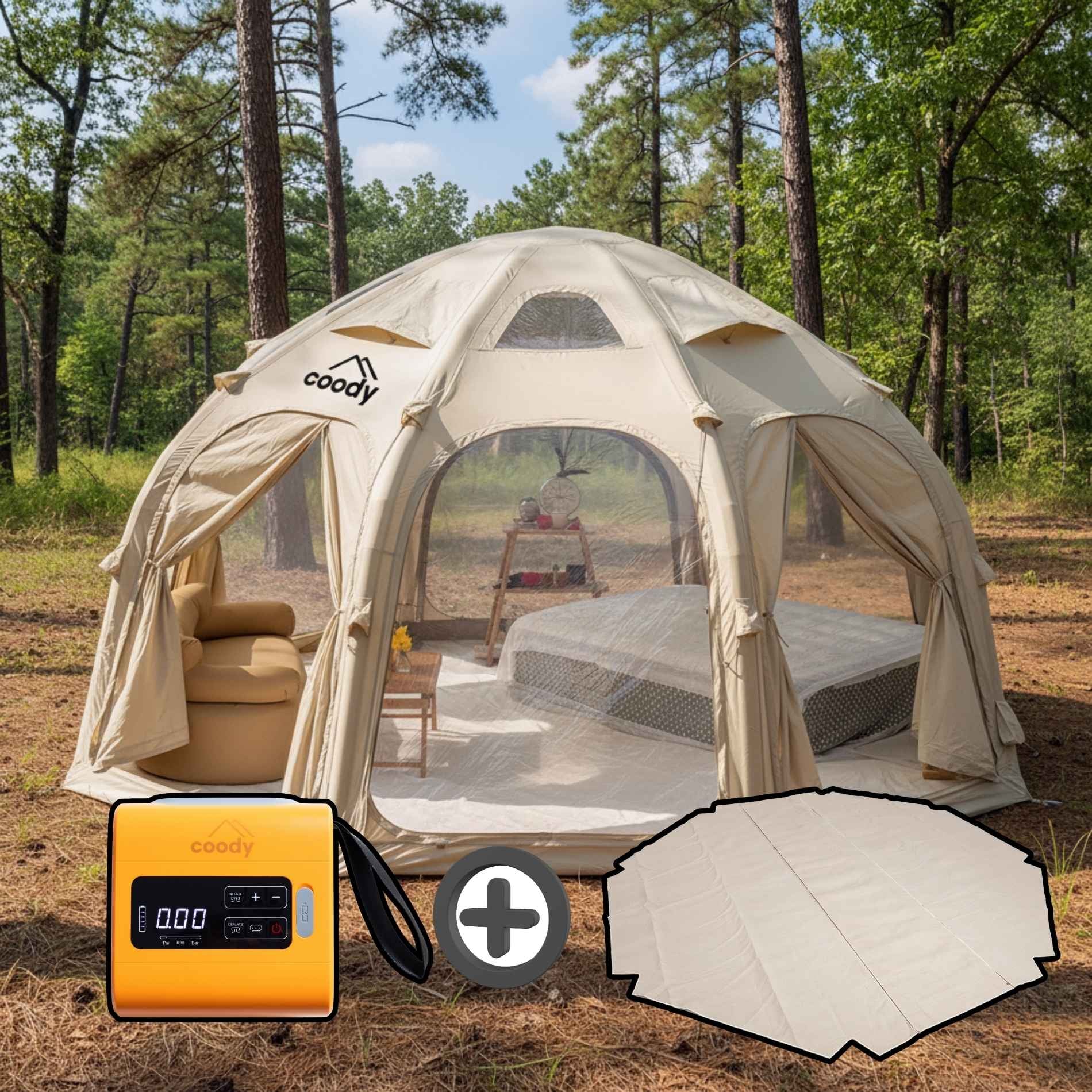 Coody Aurora Dome Beige (2-4 Person)+Carpet(Beige)+Electric Pump