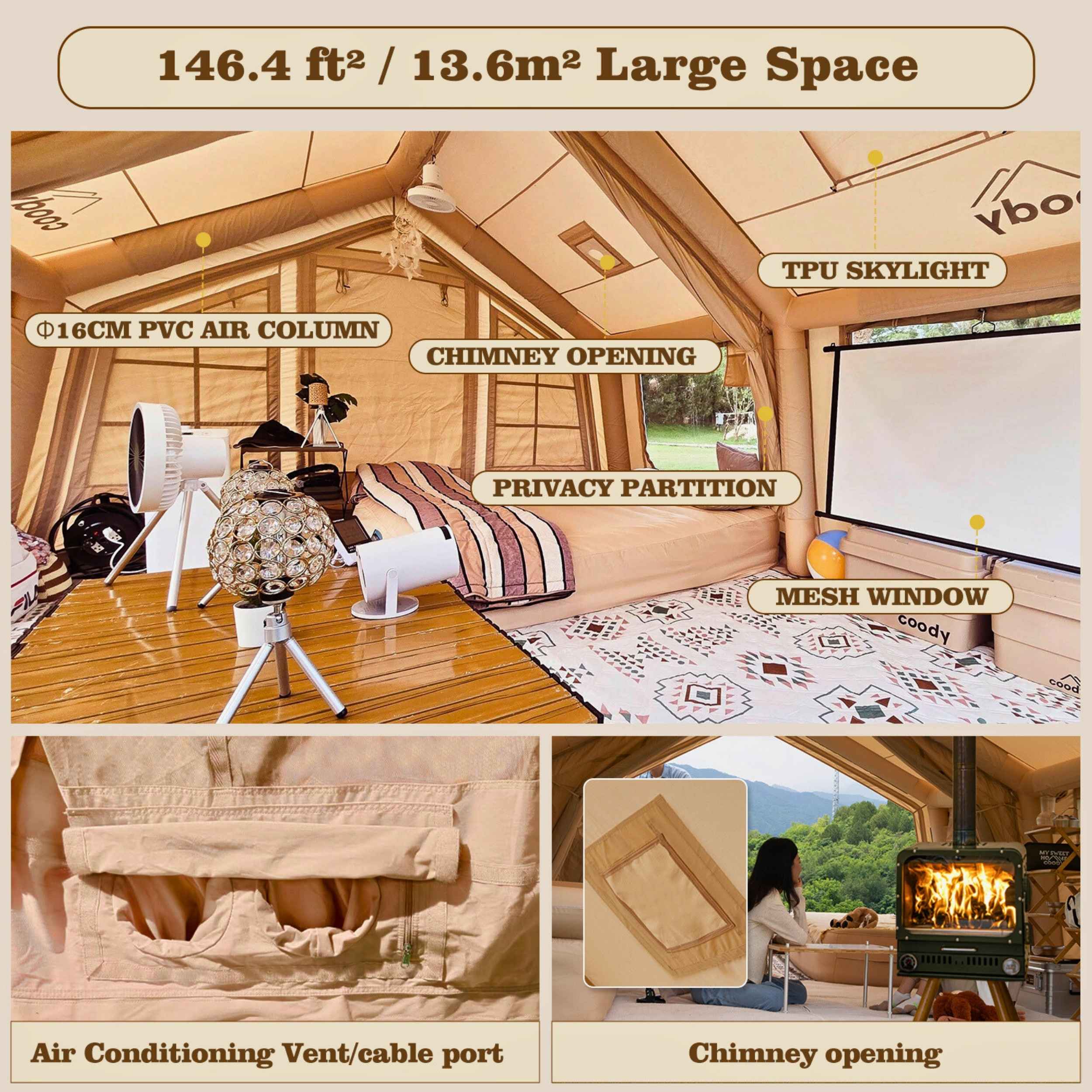 Coody Familia AirTent 13.6 Beige (2-10 Person) + RBM Wood Stove Caminus M