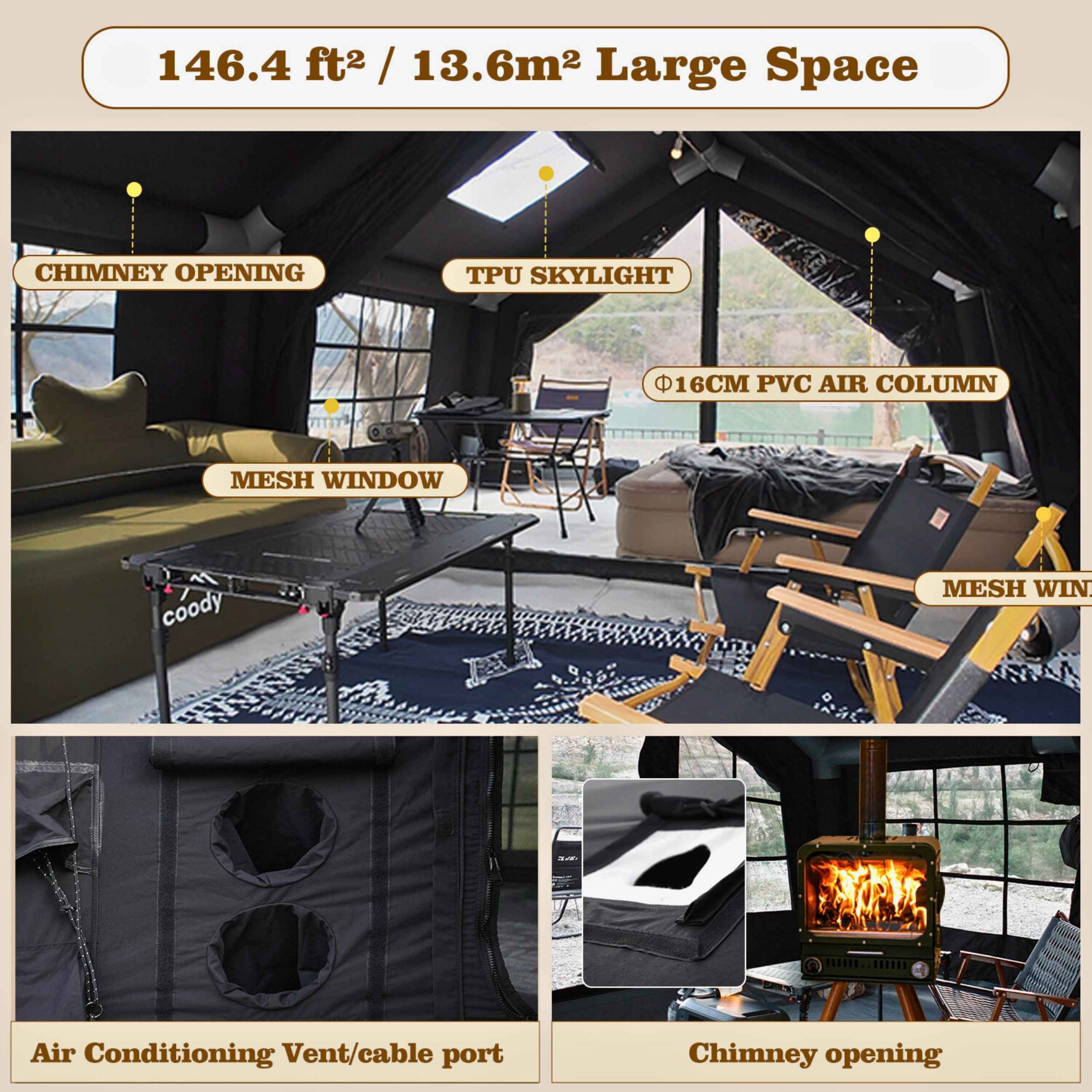 Coody Familia AirTent 13.6 Black Inflatable Tent with Stove Jack